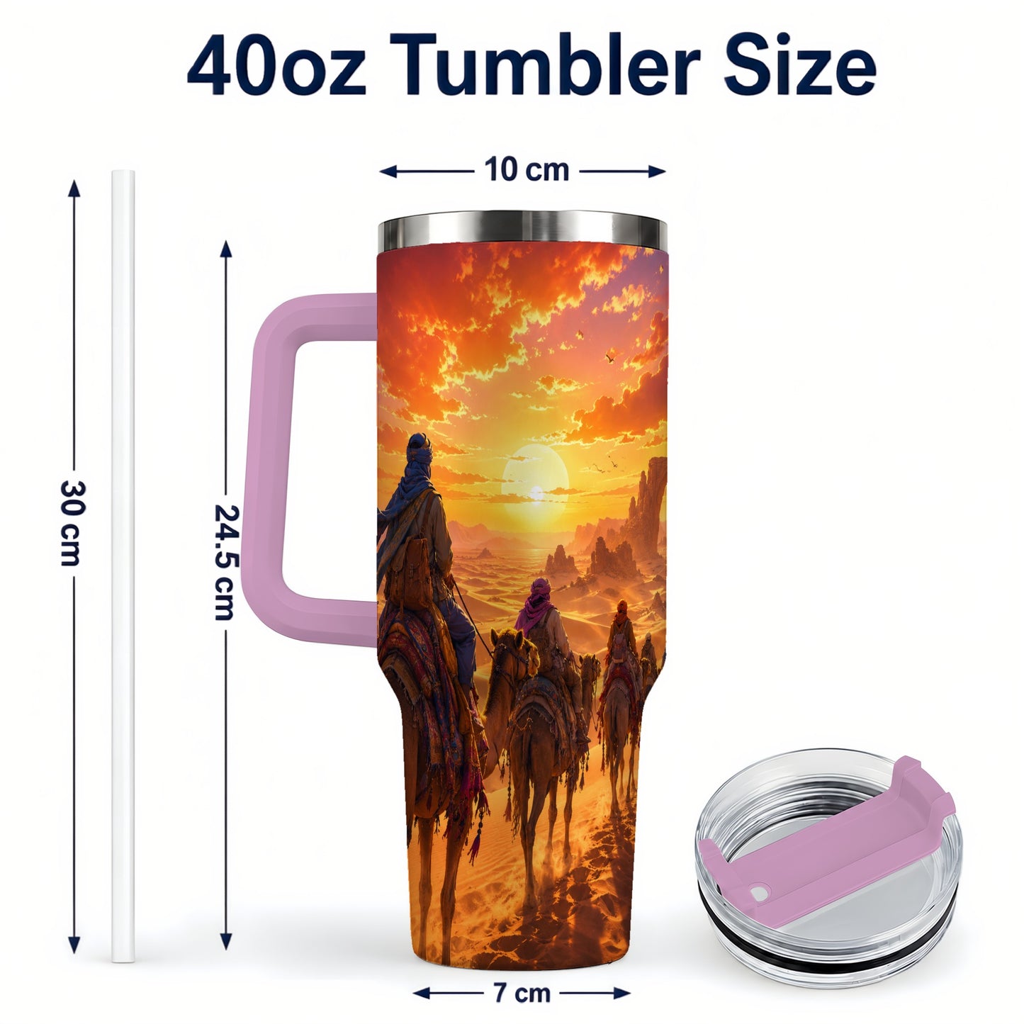 #pl[40oz|Pink] Desert Caravan 40oz Tumbler with Handle, Camel Sunset Adventure