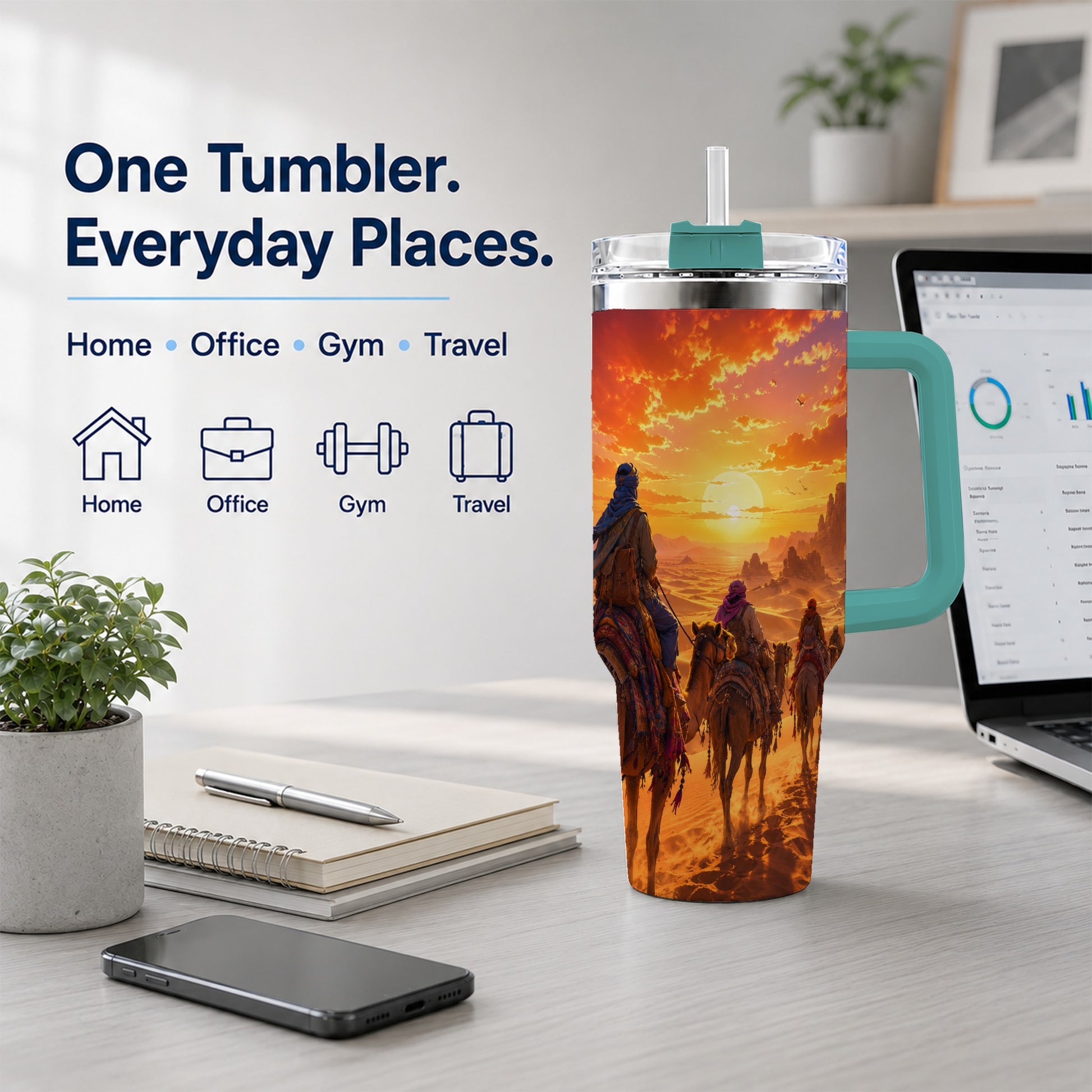#pl[40oz|Green] Desert Caravan 40oz Tumbler with Handle, Camel Sunset Adventure
