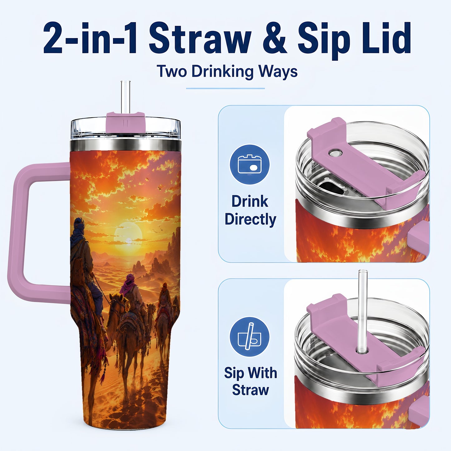 #pl[40oz|Pink] Desert Caravan 40oz Tumbler with Handle, Camel Sunset Adventure
