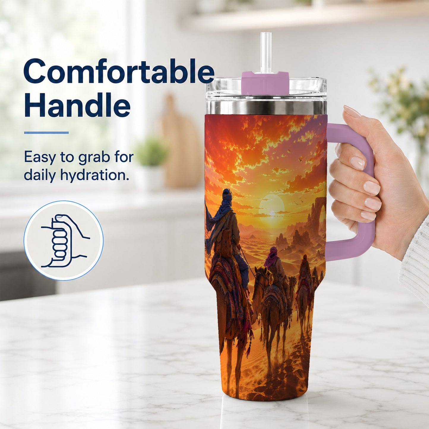 #pl[40oz|Pink] Desert Caravan 40oz Tumbler with Handle, Camel Sunset Adventure