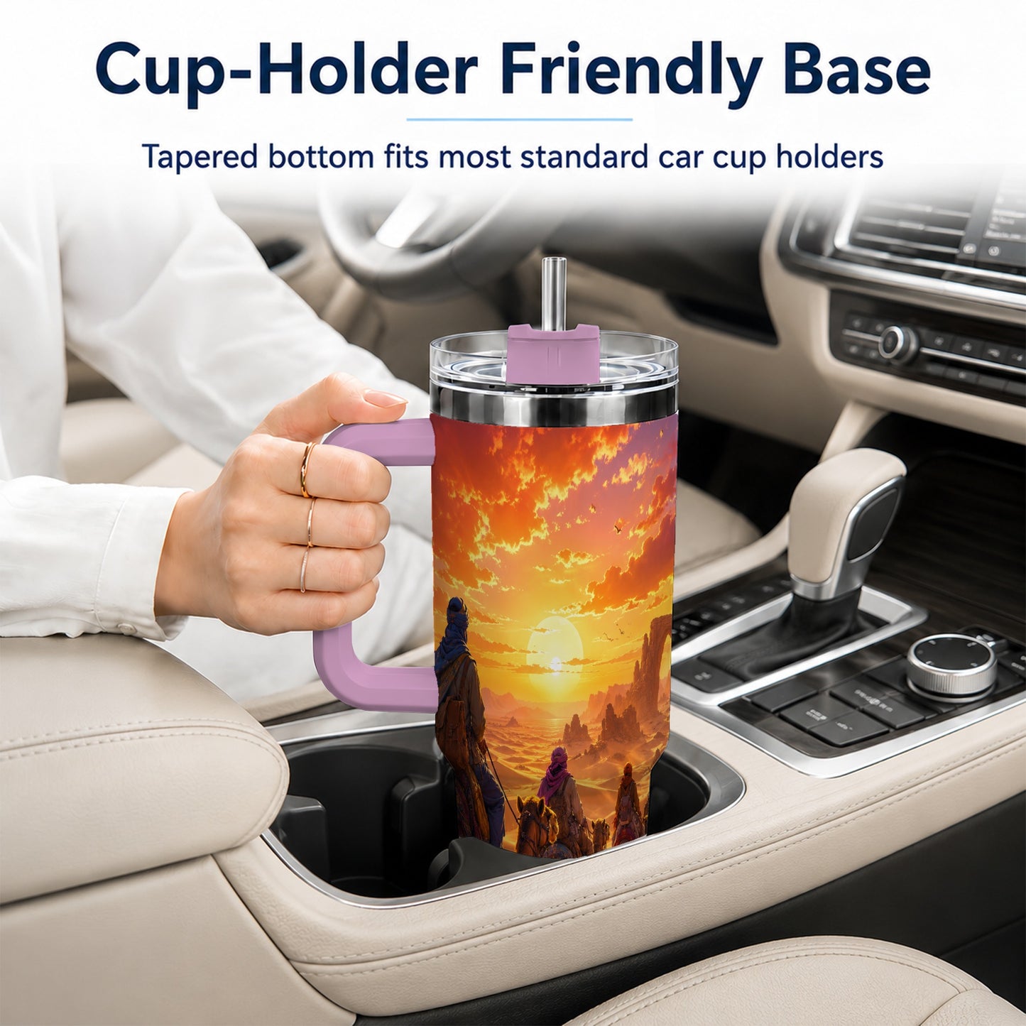 #pl[40oz|Pink] Desert Caravan 40oz Tumbler with Handle, Camel Sunset Adventure