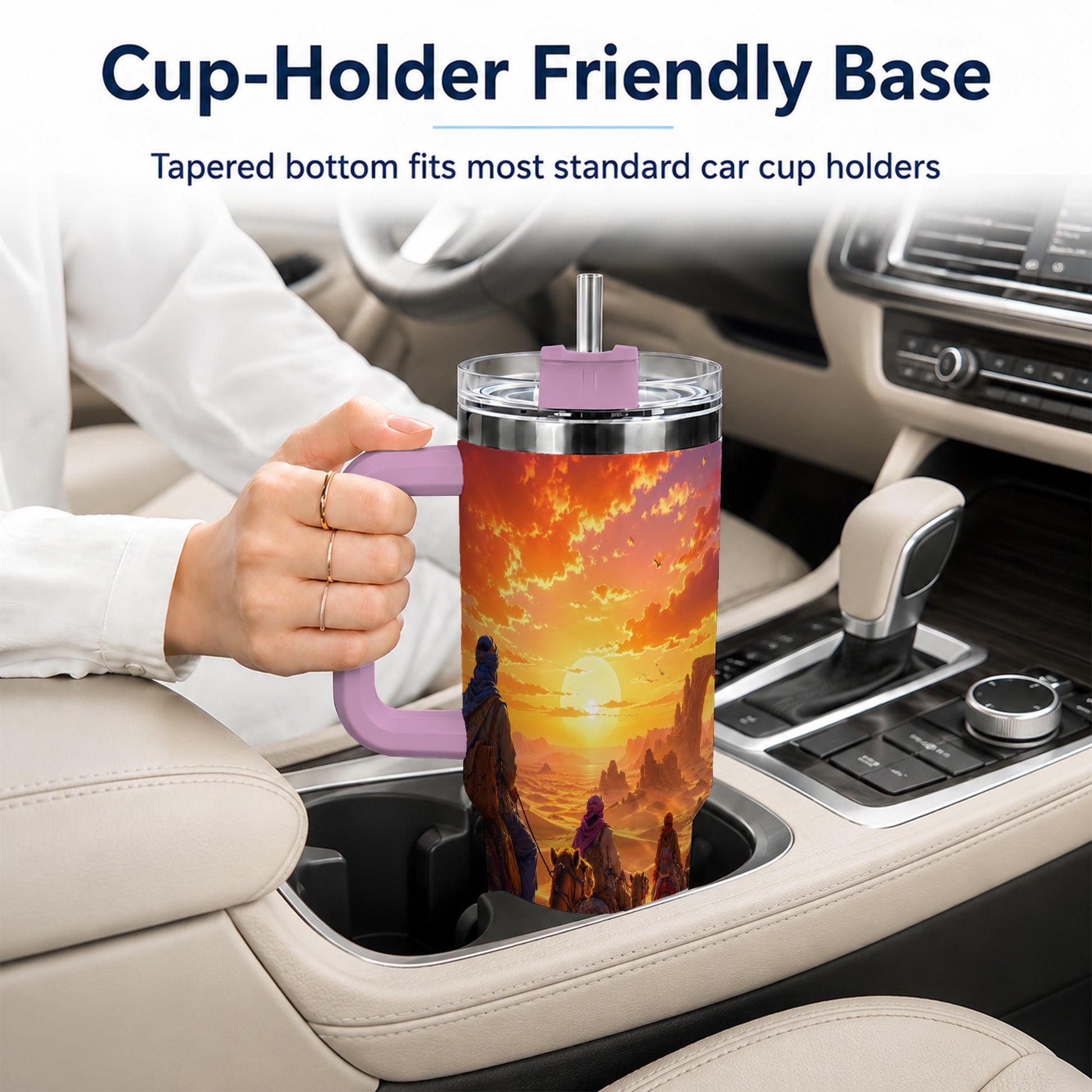 #pl[40oz|Pink] Desert Caravan 40oz Tumbler with Handle, Camel Sunset Adventure