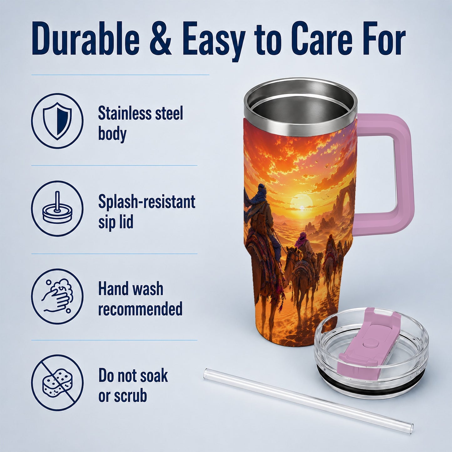 #pl[40oz|Pink] Desert Caravan 40oz Tumbler with Handle, Camel Sunset Adventure