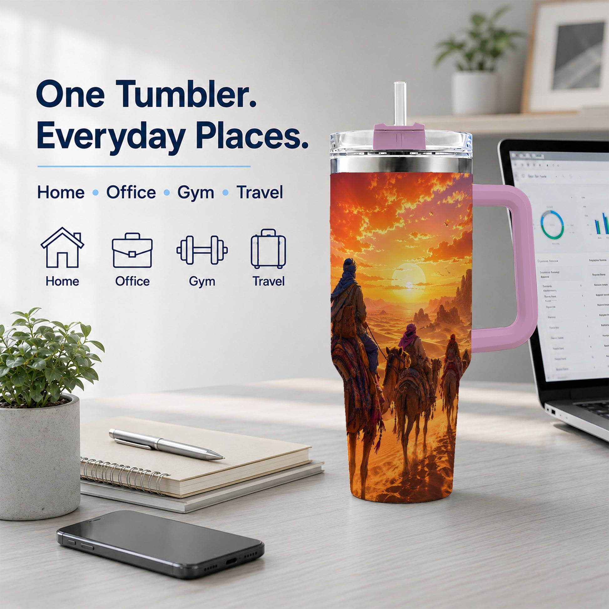 #pl[40oz|Pink] Desert Caravan 40oz Tumbler with Handle, Camel Sunset Adventure