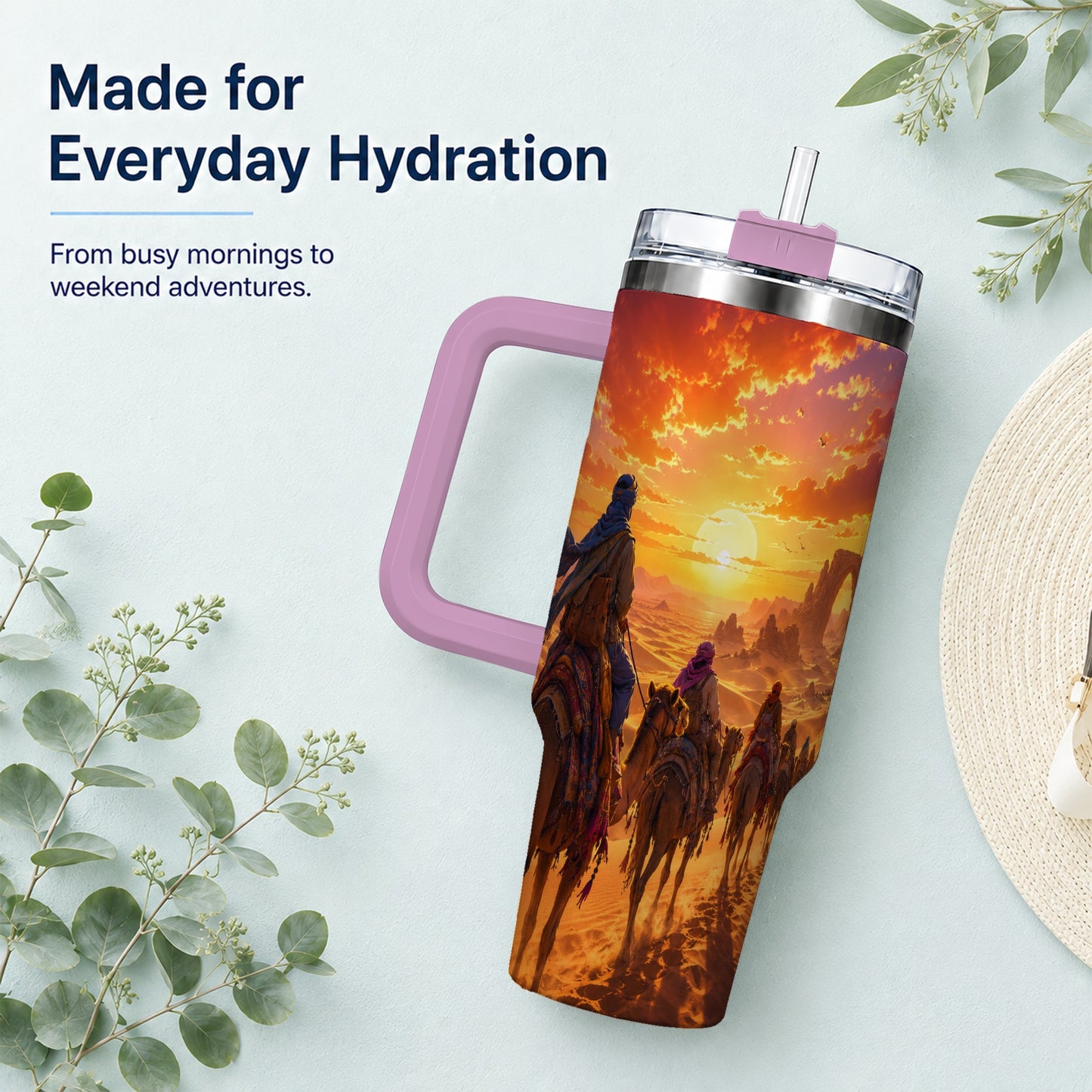 #pl[40oz|Pink] Desert Caravan 40oz Tumbler with Handle, Camel Sunset Adventure