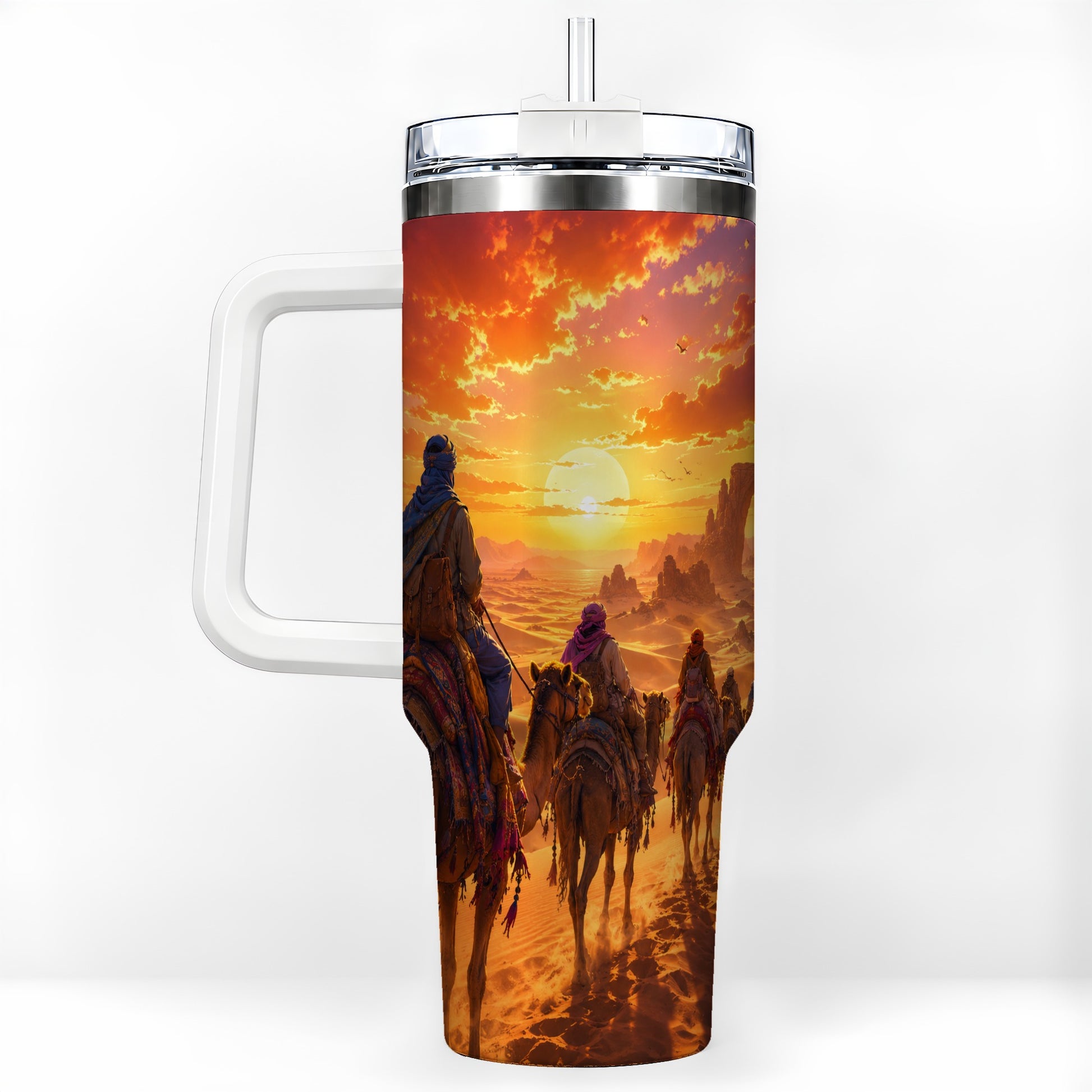 Desert Caravan 40oz Tumbler with Handle, Camel Sunset Adventure