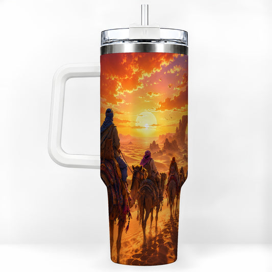 Desert Caravan 40oz Tumbler with Handle, Camel Sunset Adventure