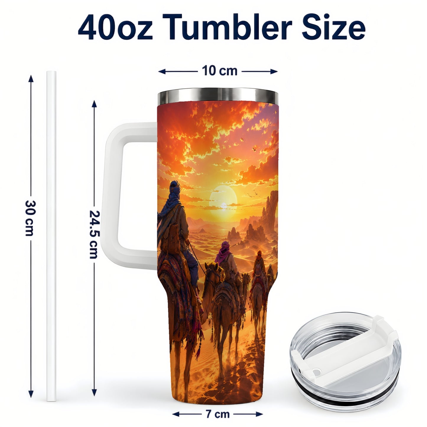 #pl[40oz|White] Desert Caravan 40oz Tumbler with Handle, Camel Sunset Adventure