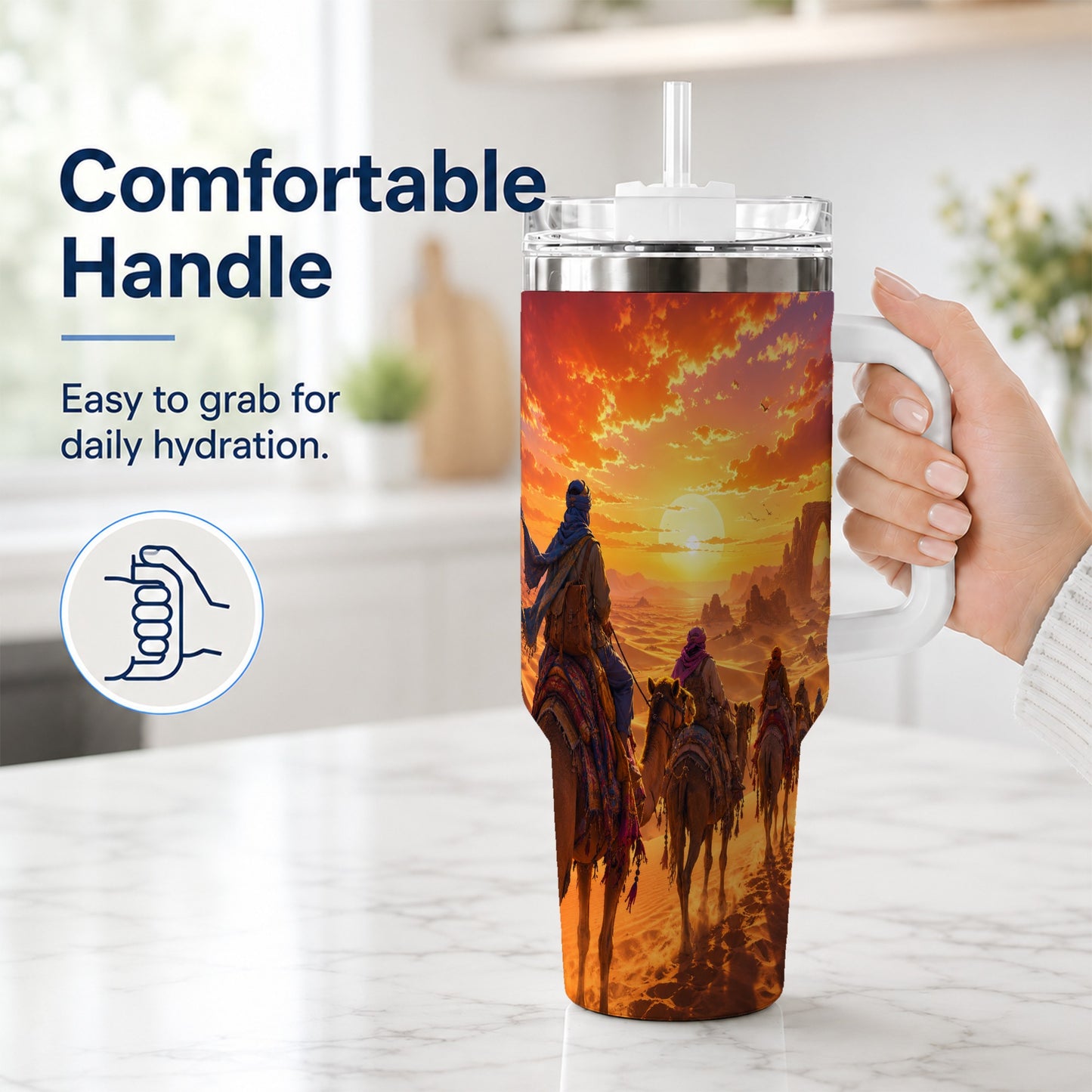 #pl[40oz|White] Desert Caravan 40oz Tumbler with Handle, Camel Sunset Adventure