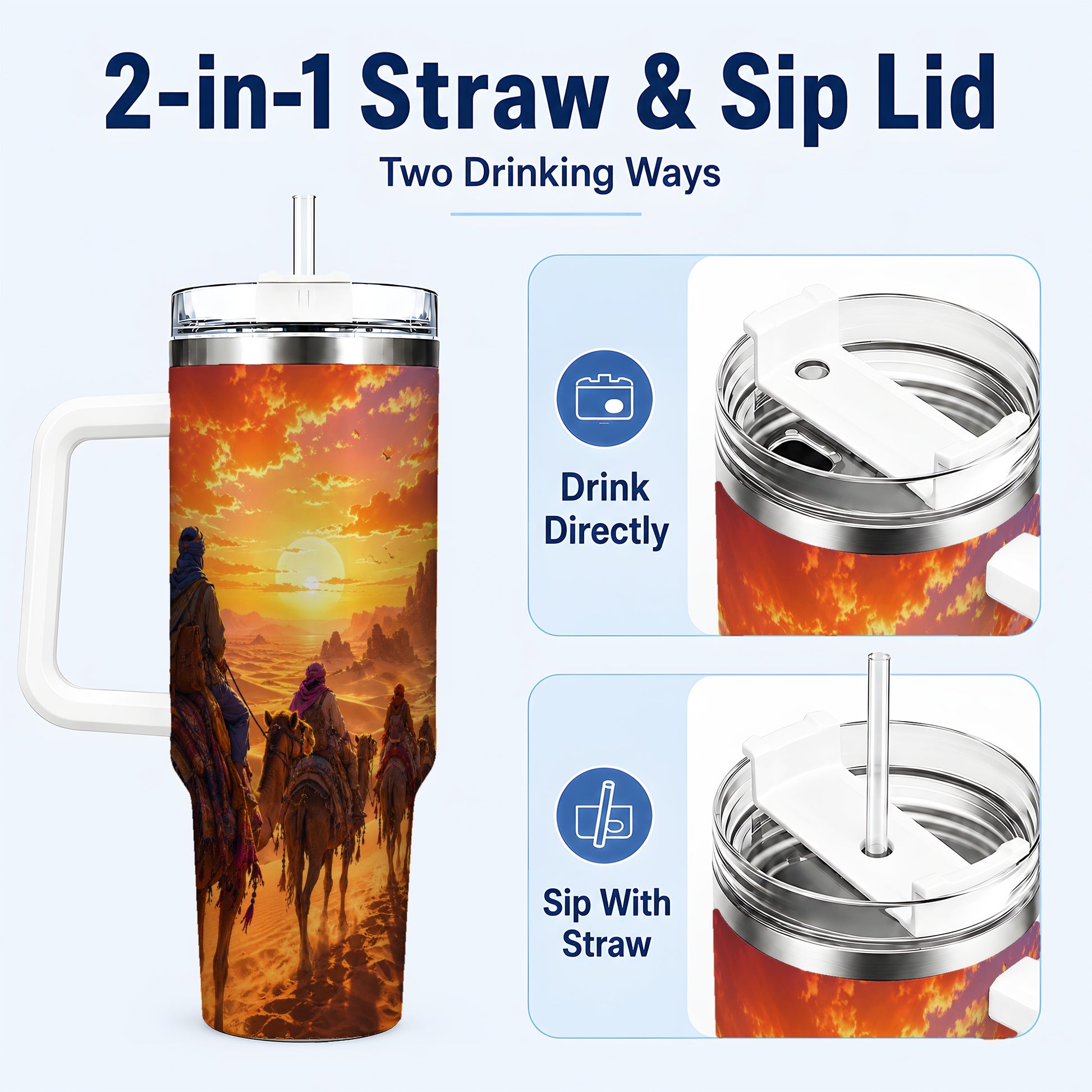#pl[40oz|White] Desert Caravan 40oz Tumbler with Handle, Camel Sunset Adventure