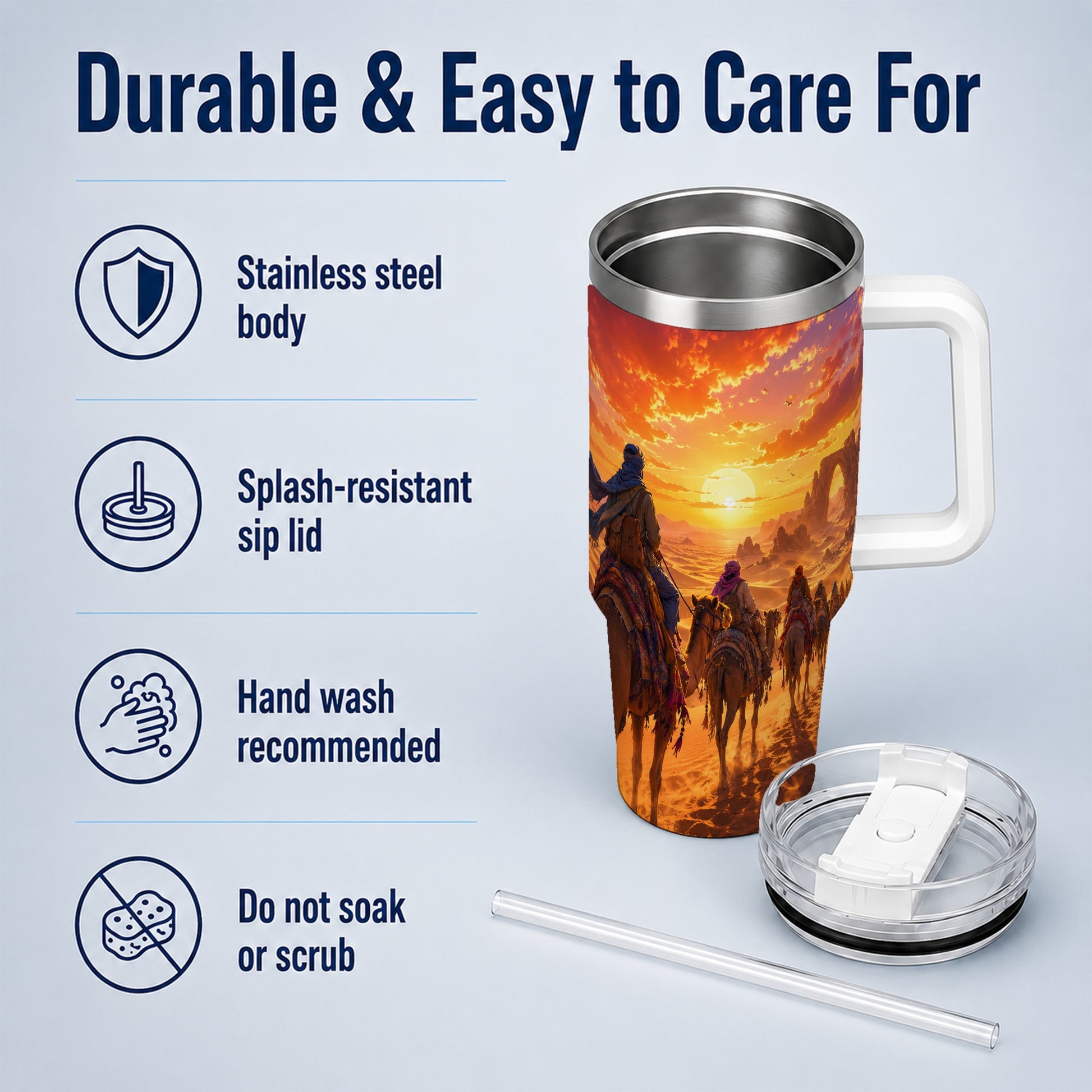 #pl[40oz|White] Desert Caravan 40oz Tumbler with Handle, Camel Sunset Adventure
