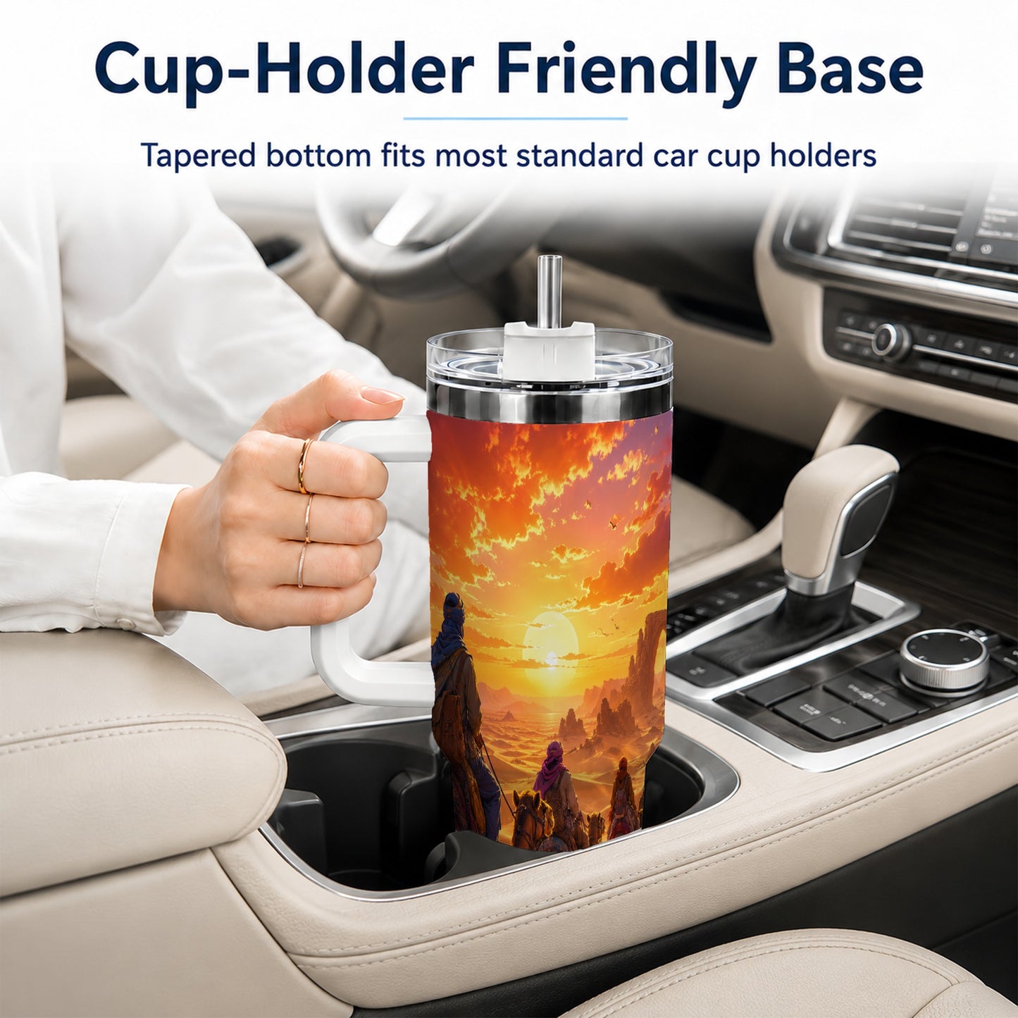 #pl[40oz|White] Desert Caravan 40oz Tumbler with Handle, Camel Sunset Adventure