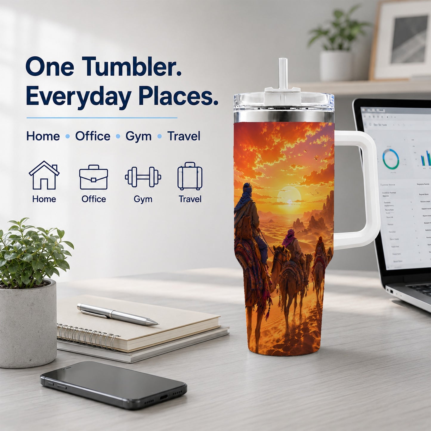 #pl[40oz|White] Desert Caravan 40oz Tumbler with Handle, Camel Sunset Adventure