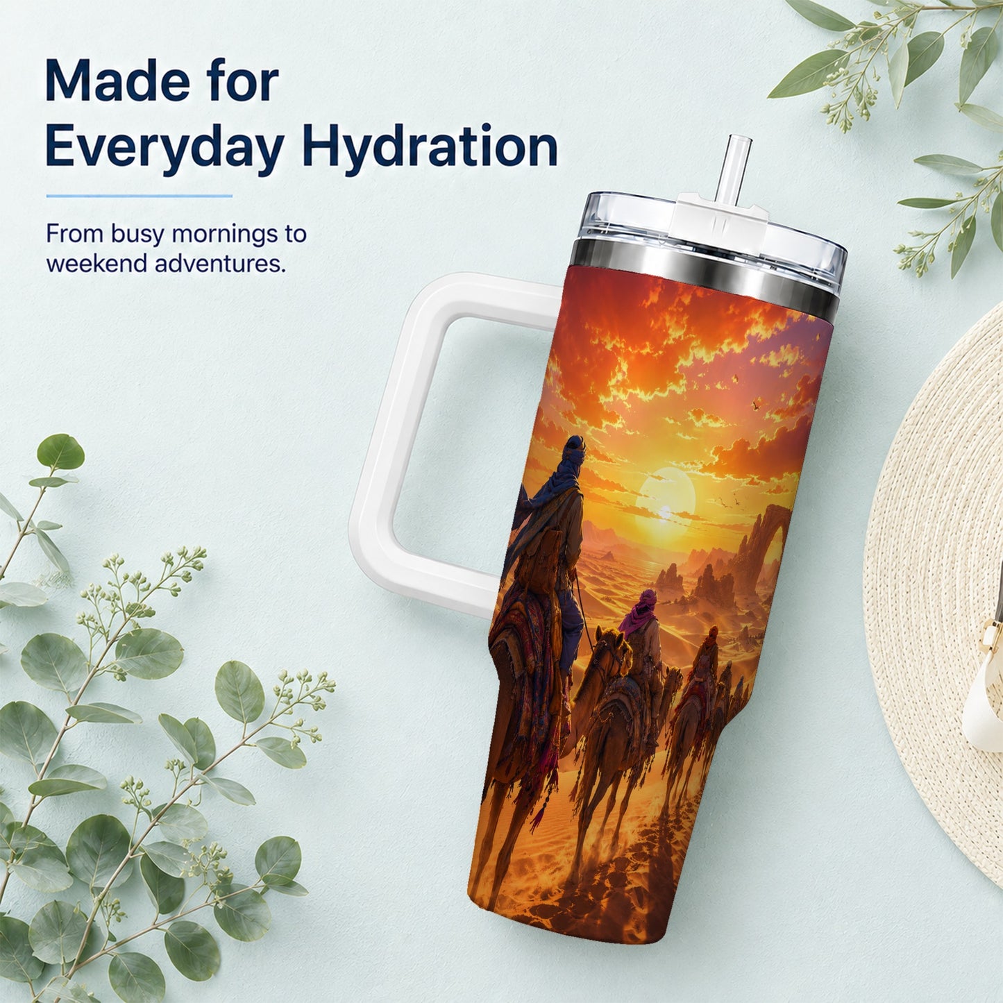 #pl[40oz|White] Desert Caravan 40oz Tumbler with Handle, Camel Sunset Adventure
