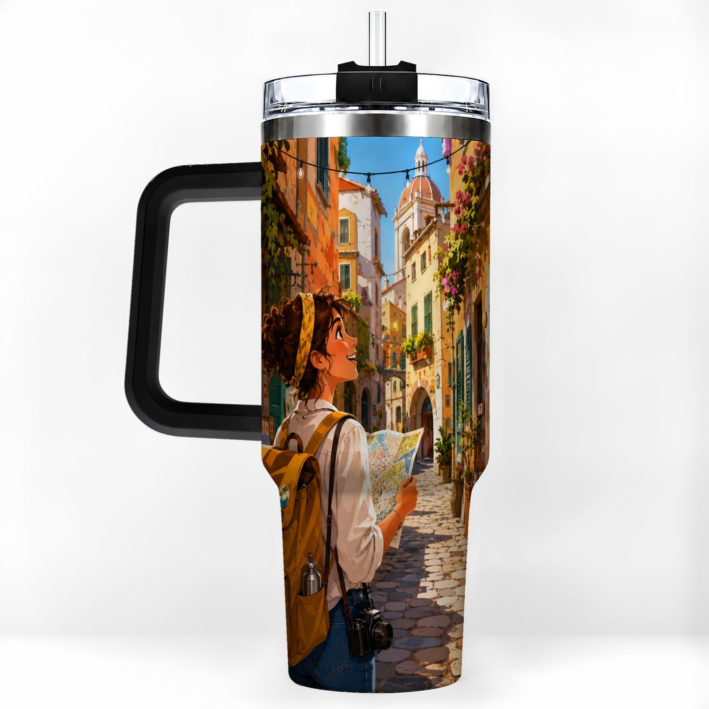 #pl[40oz|Black] City Traveler 40oz Tumbler with Handle, Colorful Old Town Adventure