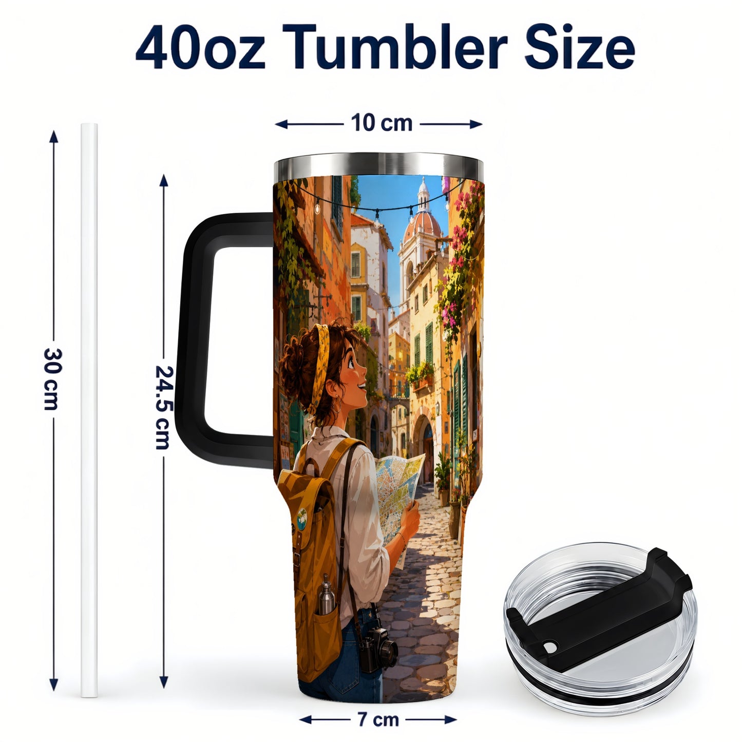#pl[40oz|Black] City Traveler 40oz Tumbler with Handle, Colorful Old Town Adventure
