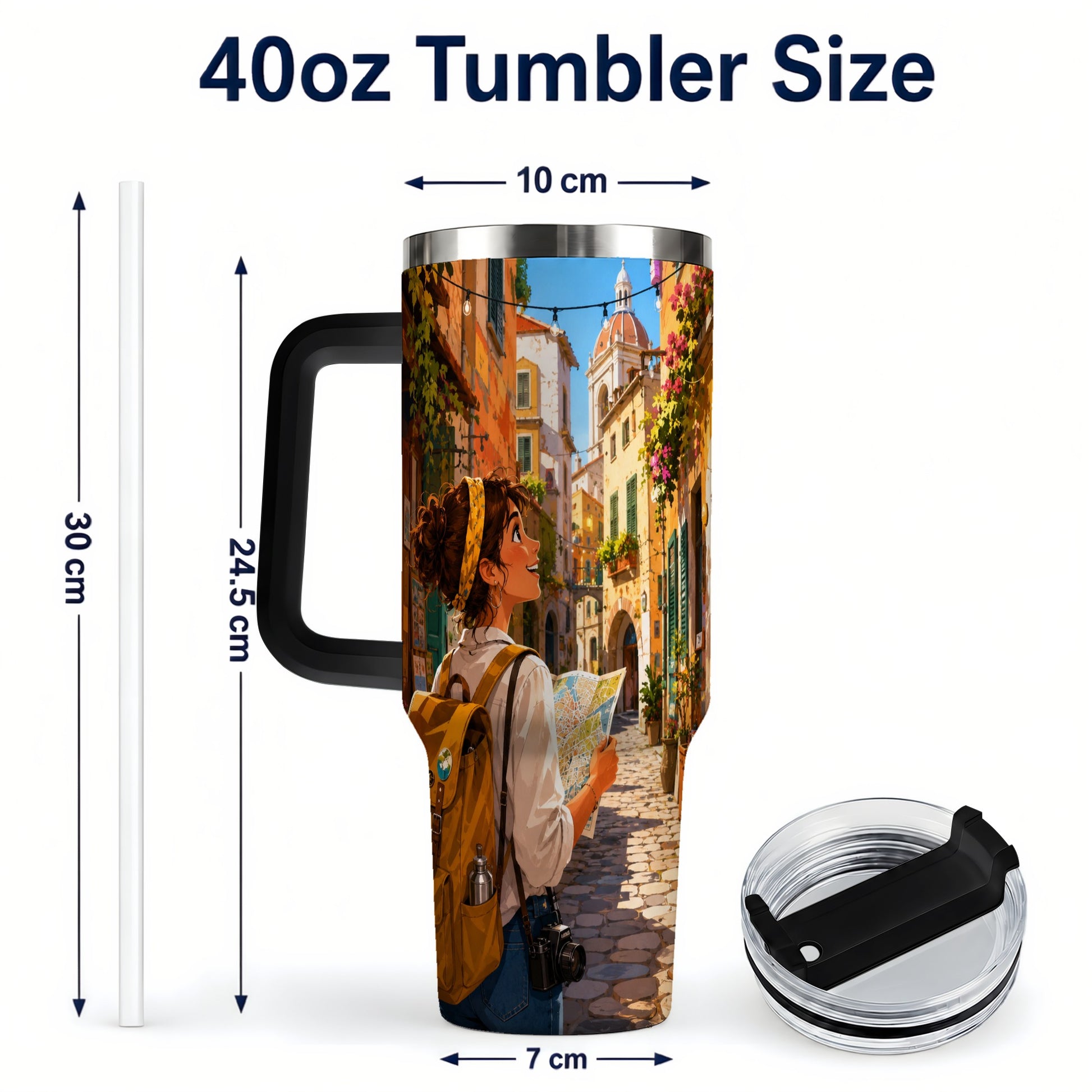 #pl[40oz|Black] City Traveler 40oz Tumbler with Handle, Colorful Old Town Adventure
