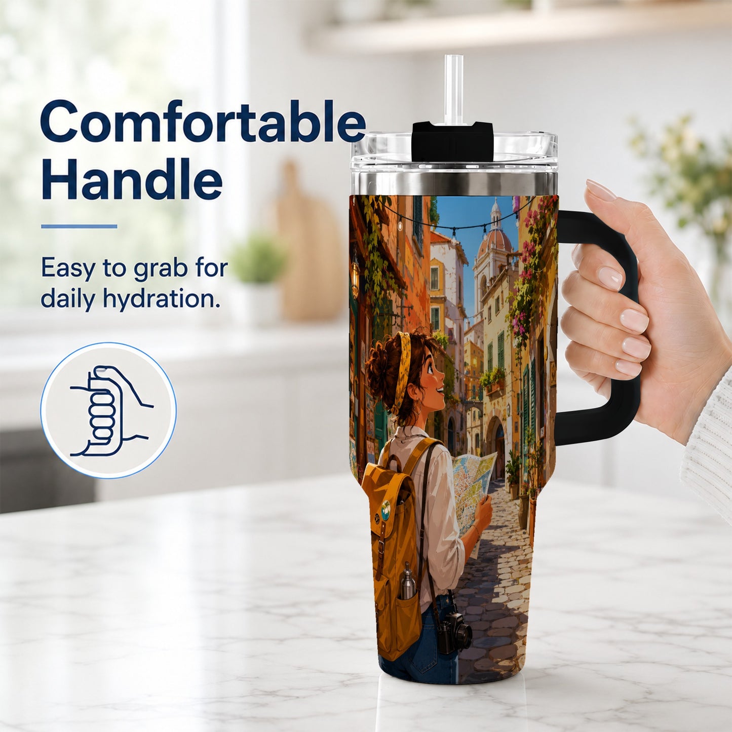 #pl[40oz|Black] City Traveler 40oz Tumbler with Handle, Colorful Old Town Adventure