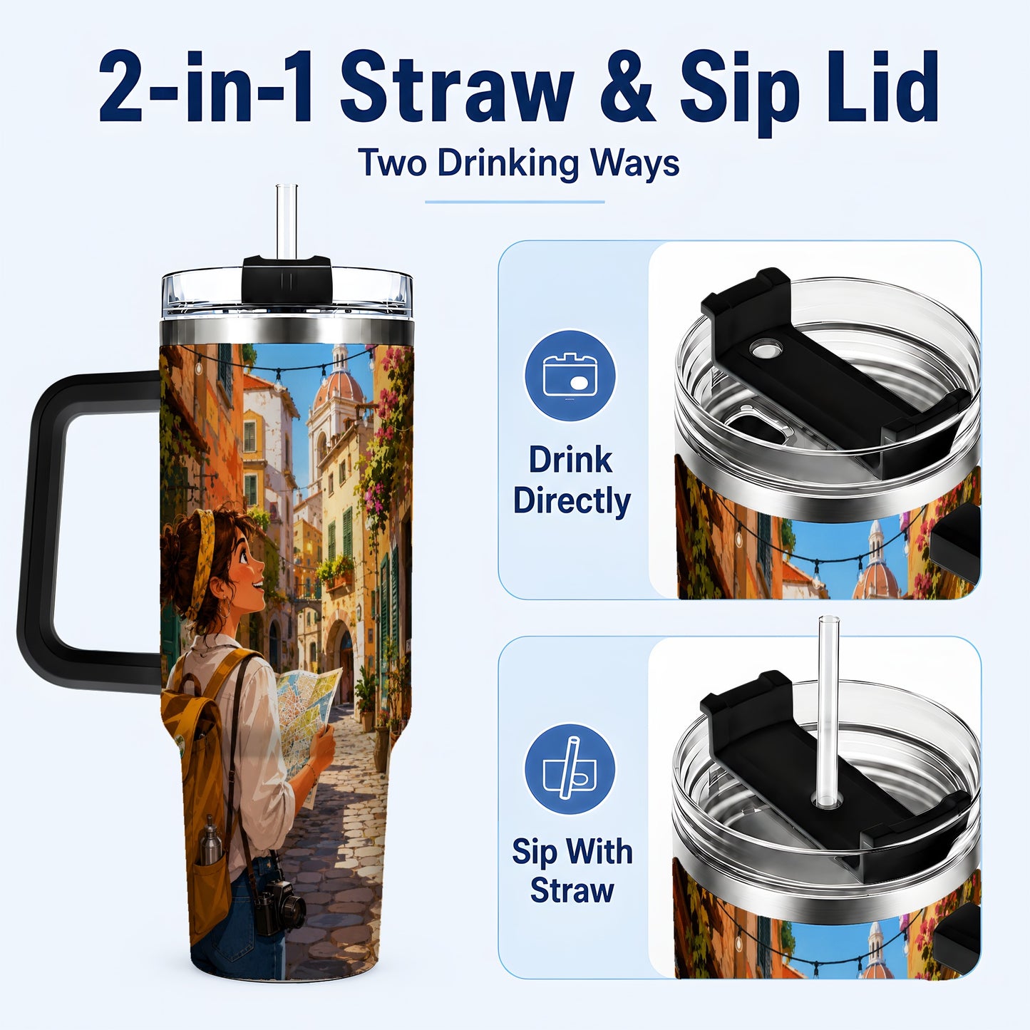 #pl[40oz|Black] City Traveler 40oz Tumbler with Handle, Colorful Old Town Adventure