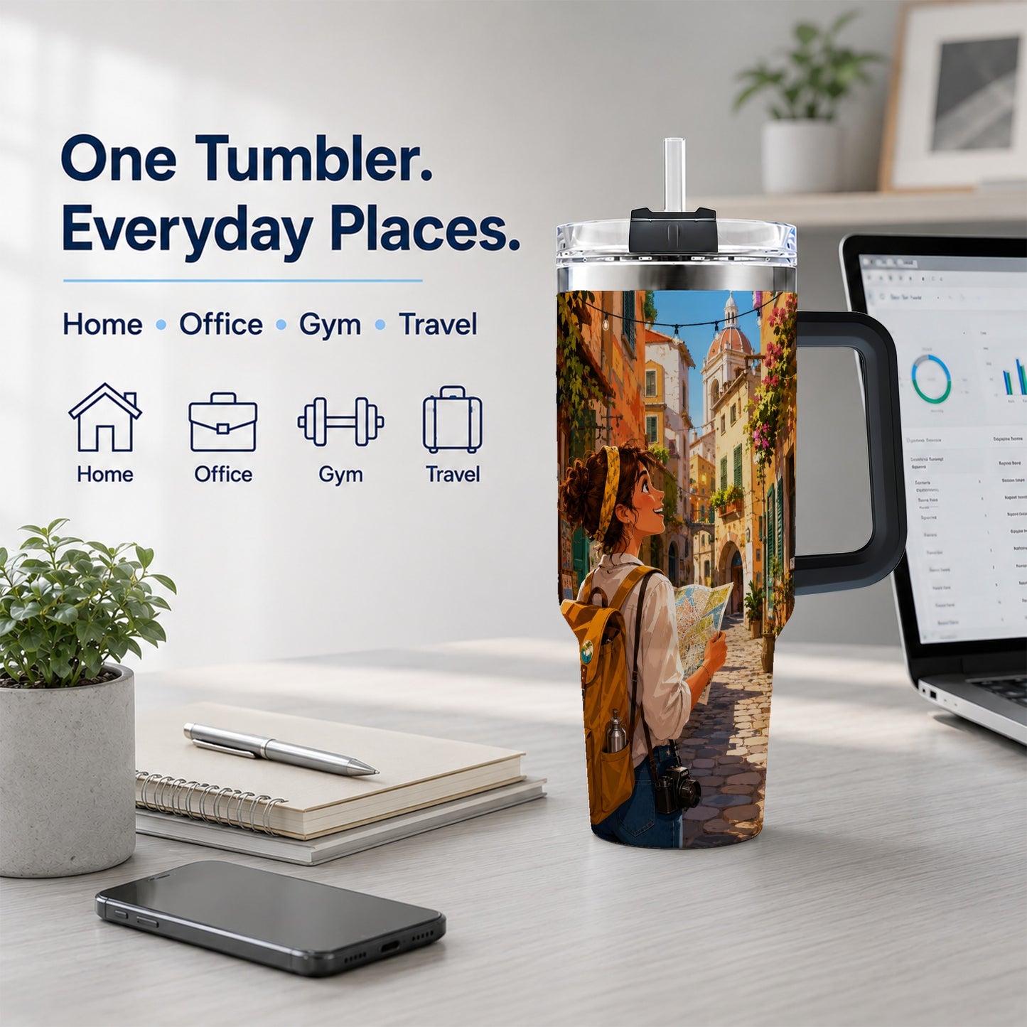 #pl[40oz|Black] City Traveler 40oz Tumbler with Handle, Colorful Old Town Adventure