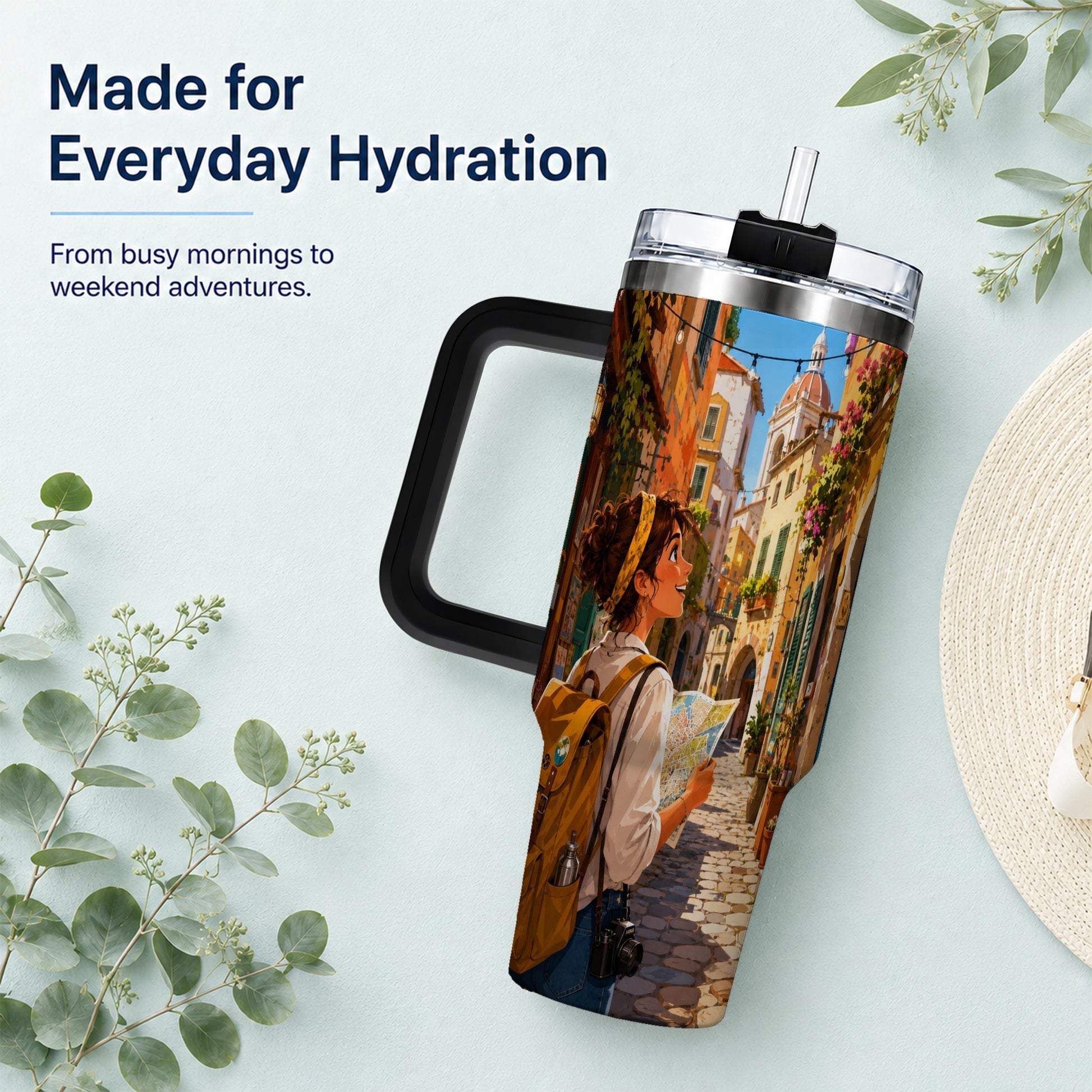 #pl[40oz|Black] City Traveler 40oz Tumbler with Handle, Colorful Old Town Adventure