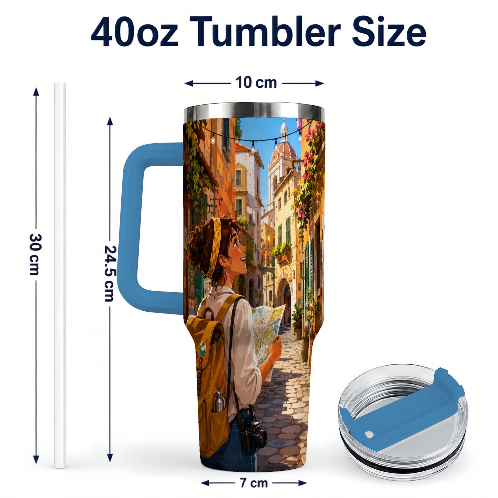 #pl[40oz|Blue] City Traveler 40oz Tumbler with Handle, Colorful Old Town Adventure