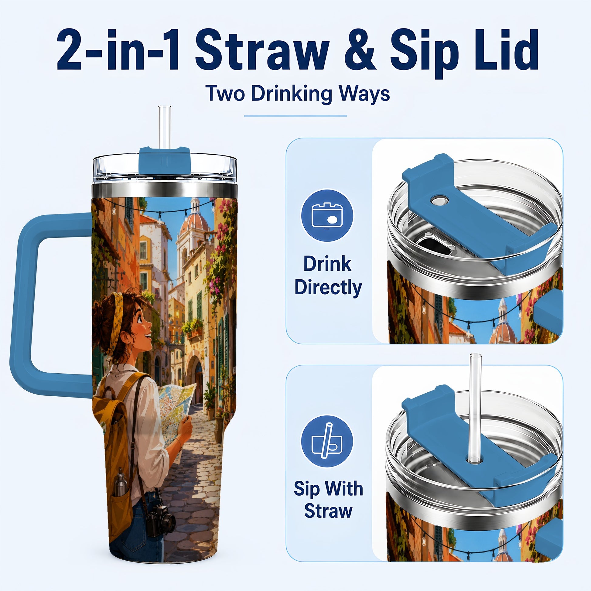 #pl[40oz|Blue] City Traveler 40oz Tumbler with Handle, Colorful Old Town Adventure