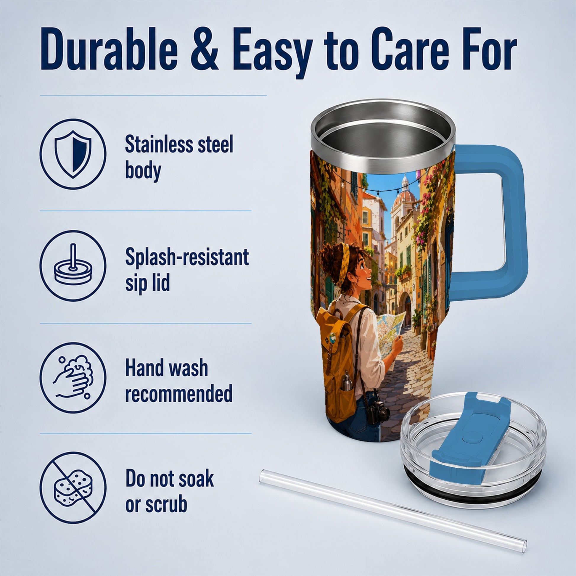 #pl[40oz|Blue] City Traveler 40oz Tumbler with Handle, Colorful Old Town Adventure