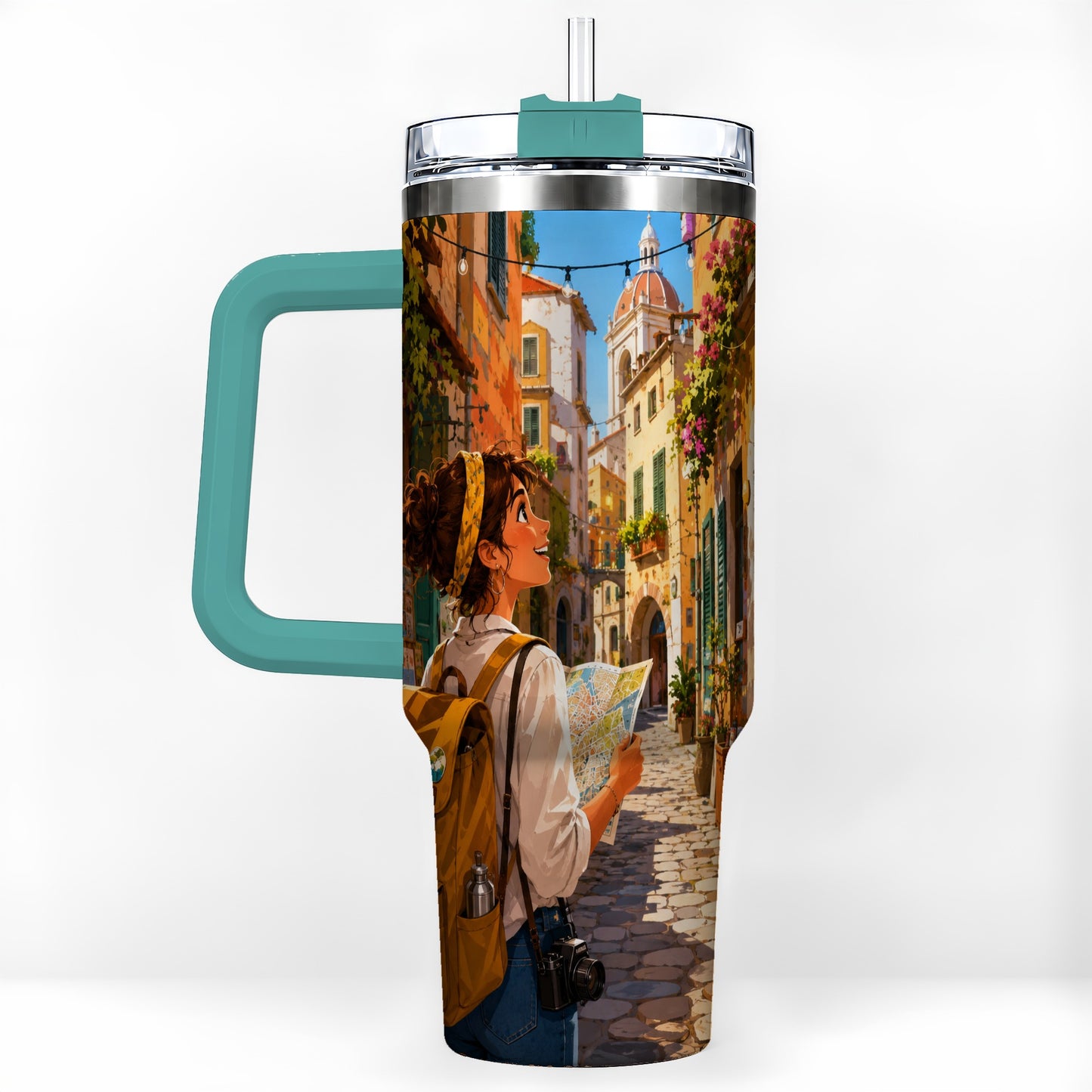 #pl[40oz|Green] City Traveler 40oz Tumbler with Handle, Colorful Old Town Adventure