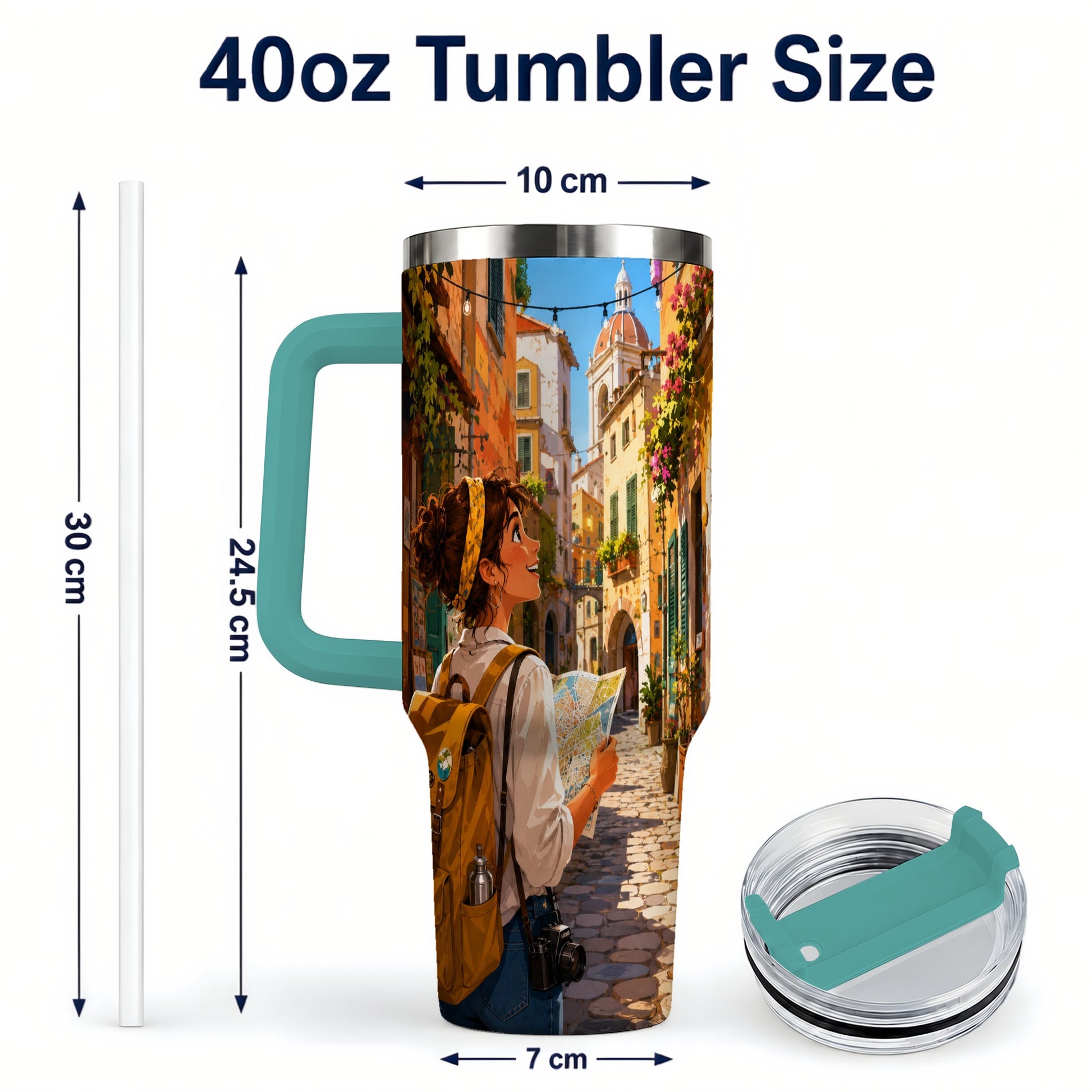 #pl[40oz|Green] City Traveler 40oz Tumbler with Handle, Colorful Old Town Adventure