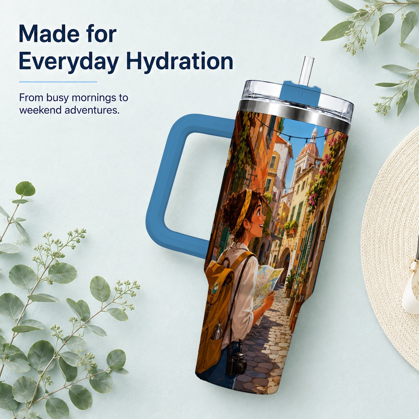 #pl[40oz|Blue] City Traveler 40oz Tumbler with Handle, Colorful Old Town Adventure