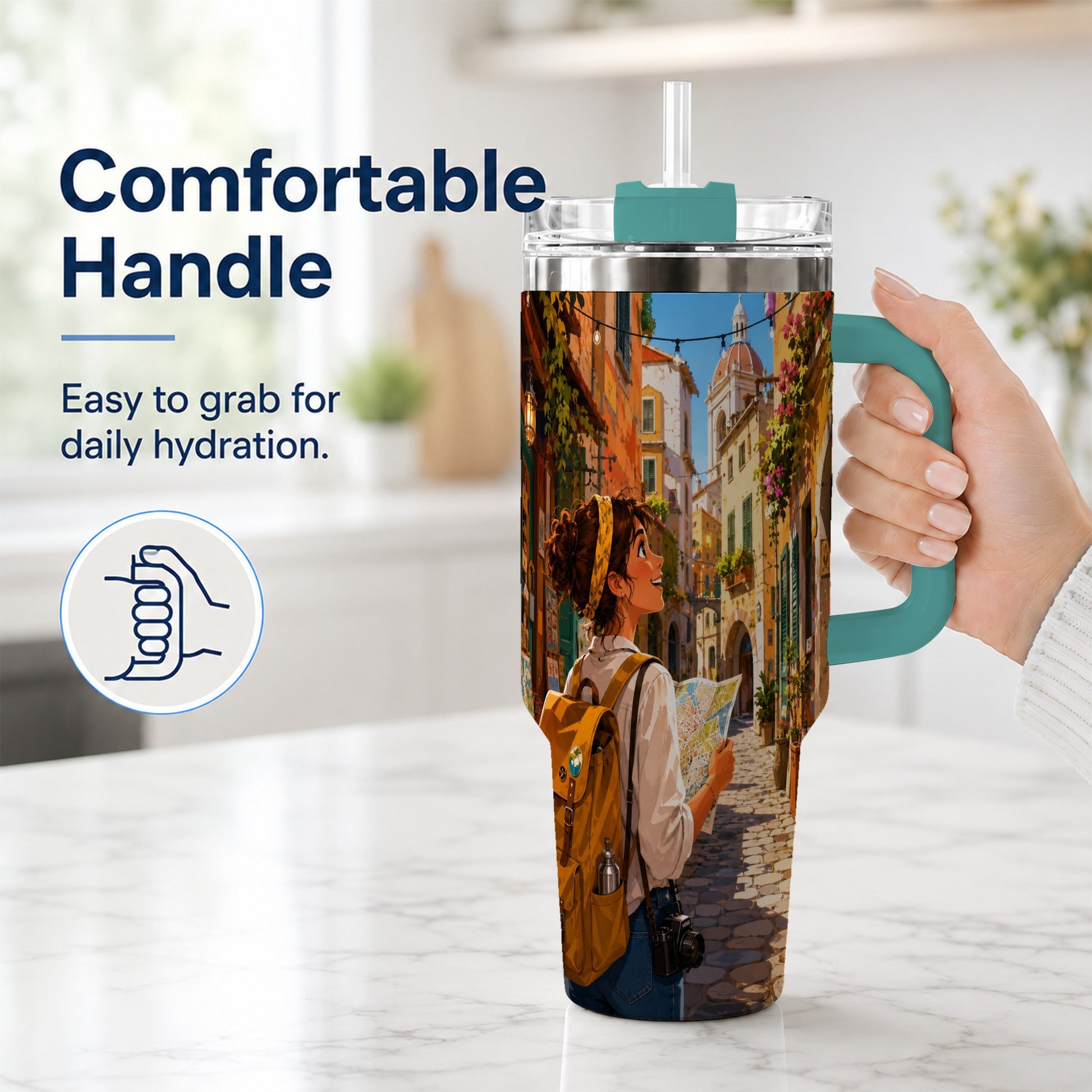 #pl[40oz|Green] City Traveler 40oz Tumbler with Handle, Colorful Old Town Adventure