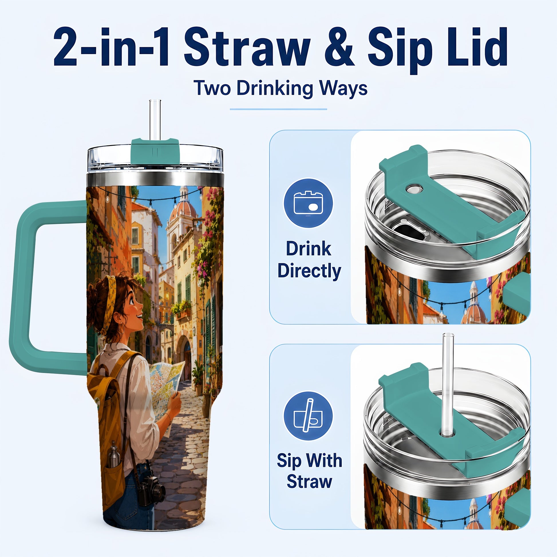 #pl[40oz|Green] City Traveler 40oz Tumbler with Handle, Colorful Old Town Adventure