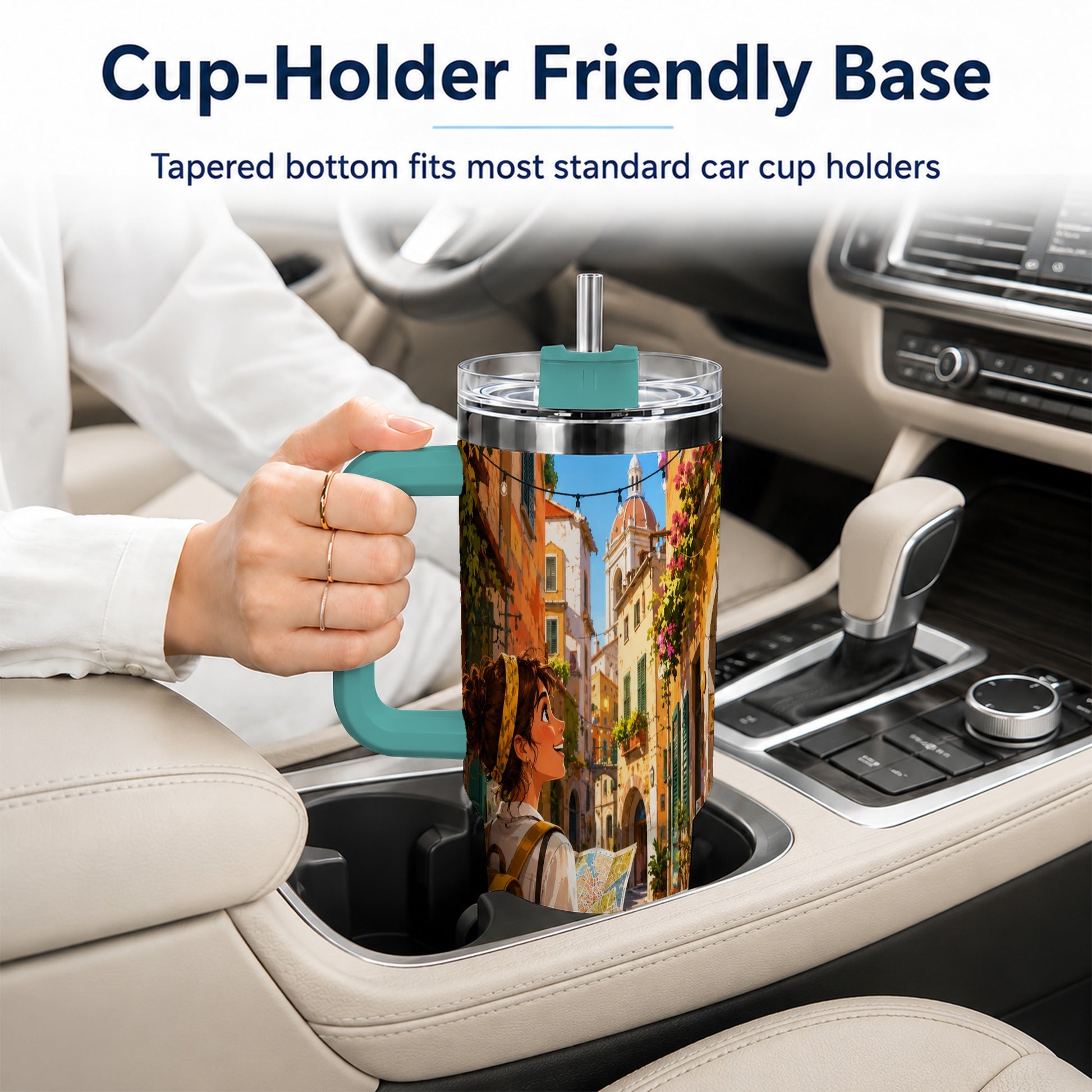 #pl[40oz|Green] City Traveler 40oz Tumbler with Handle, Colorful Old Town Adventure