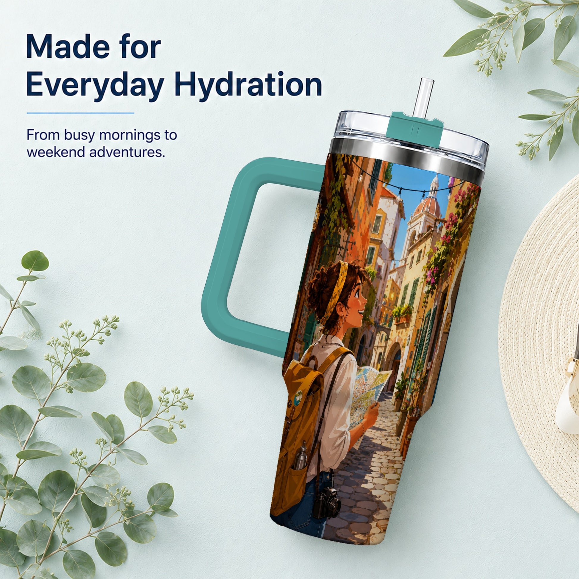 #pl[40oz|Green] City Traveler 40oz Tumbler with Handle, Colorful Old Town Adventure