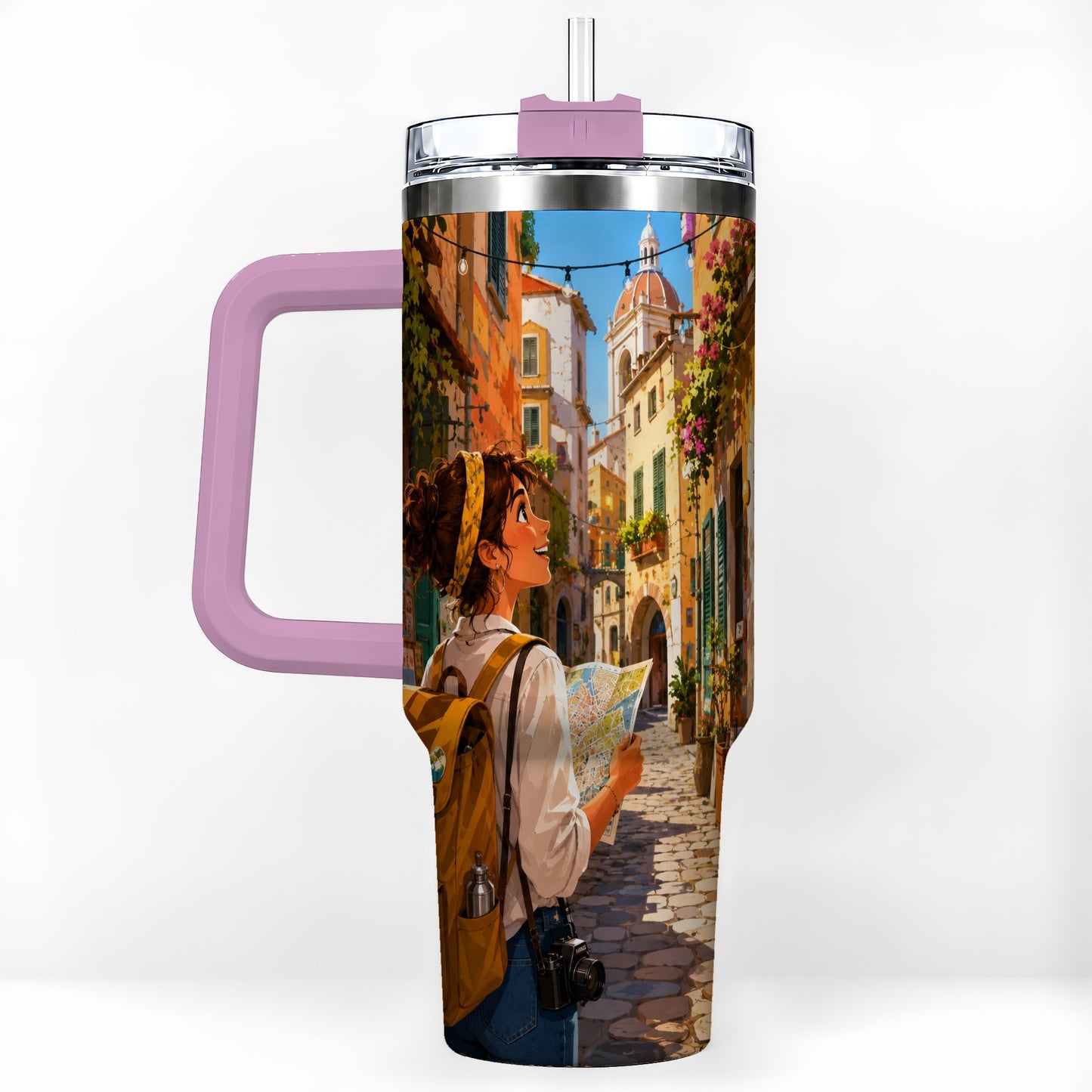 #pl[40oz|Pink] City Traveler 40oz Tumbler with Handle, Colorful Old Town Adventure