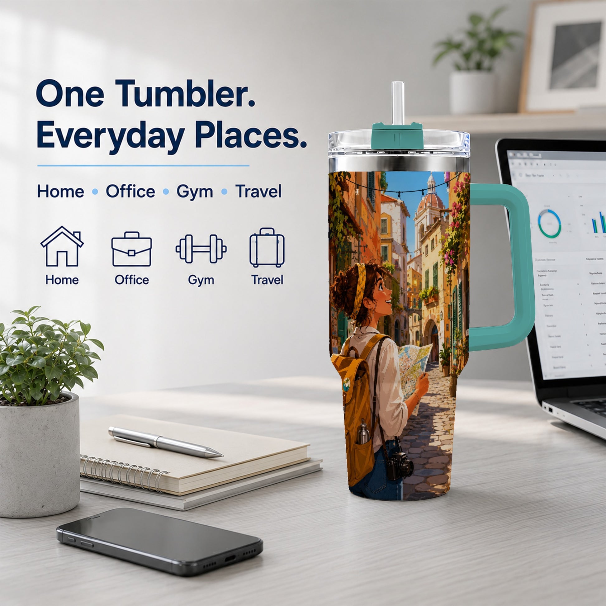 #pl[40oz|Green] City Traveler 40oz Tumbler with Handle, Colorful Old Town Adventure