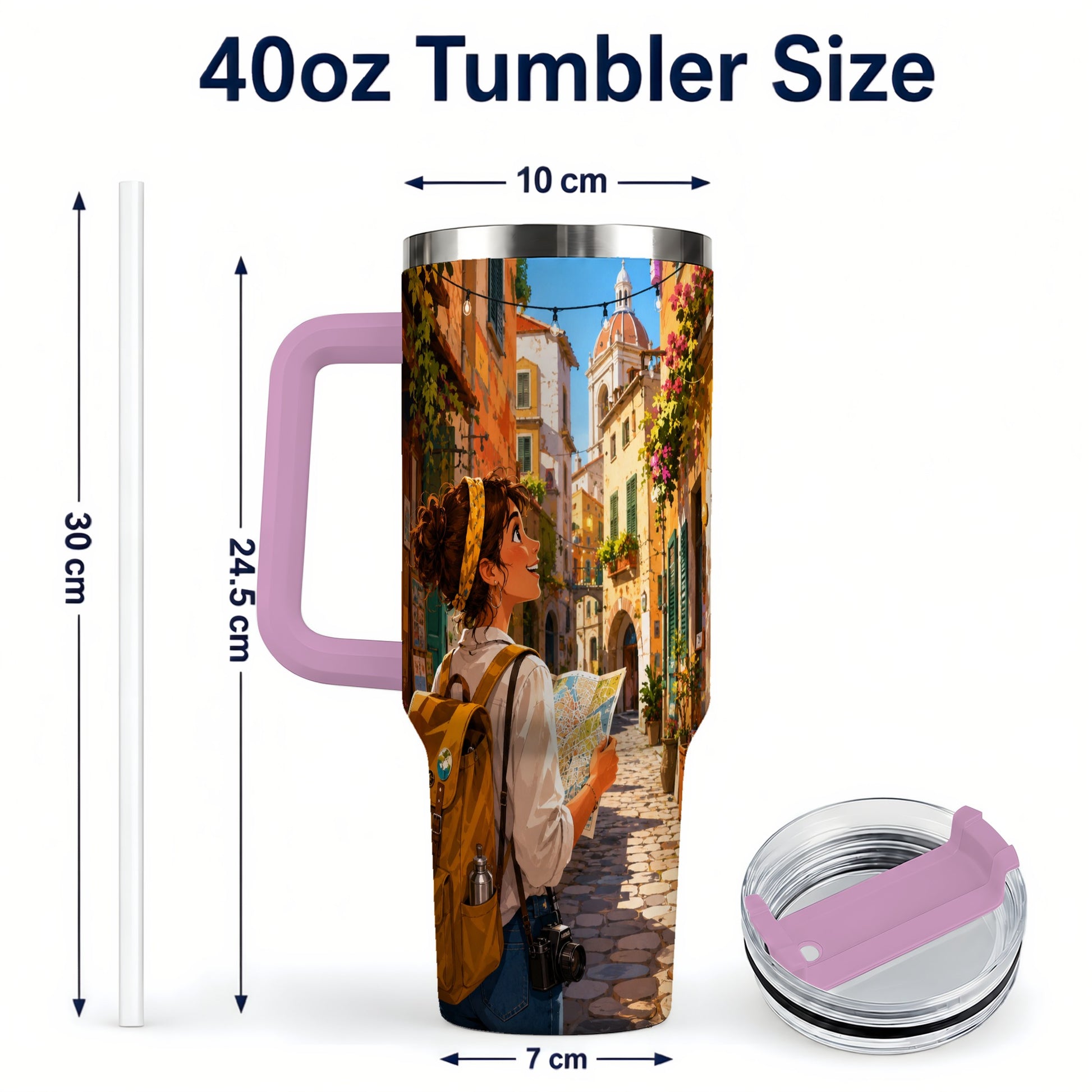 #pl[40oz|Pink] City Traveler 40oz Tumbler with Handle, Colorful Old Town Adventure