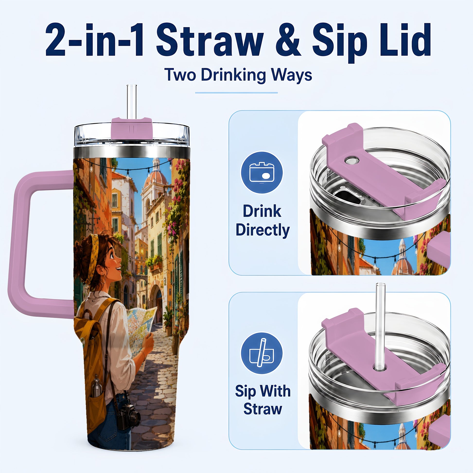 #pl[40oz|Pink] City Traveler 40oz Tumbler with Handle, Colorful Old Town Adventure