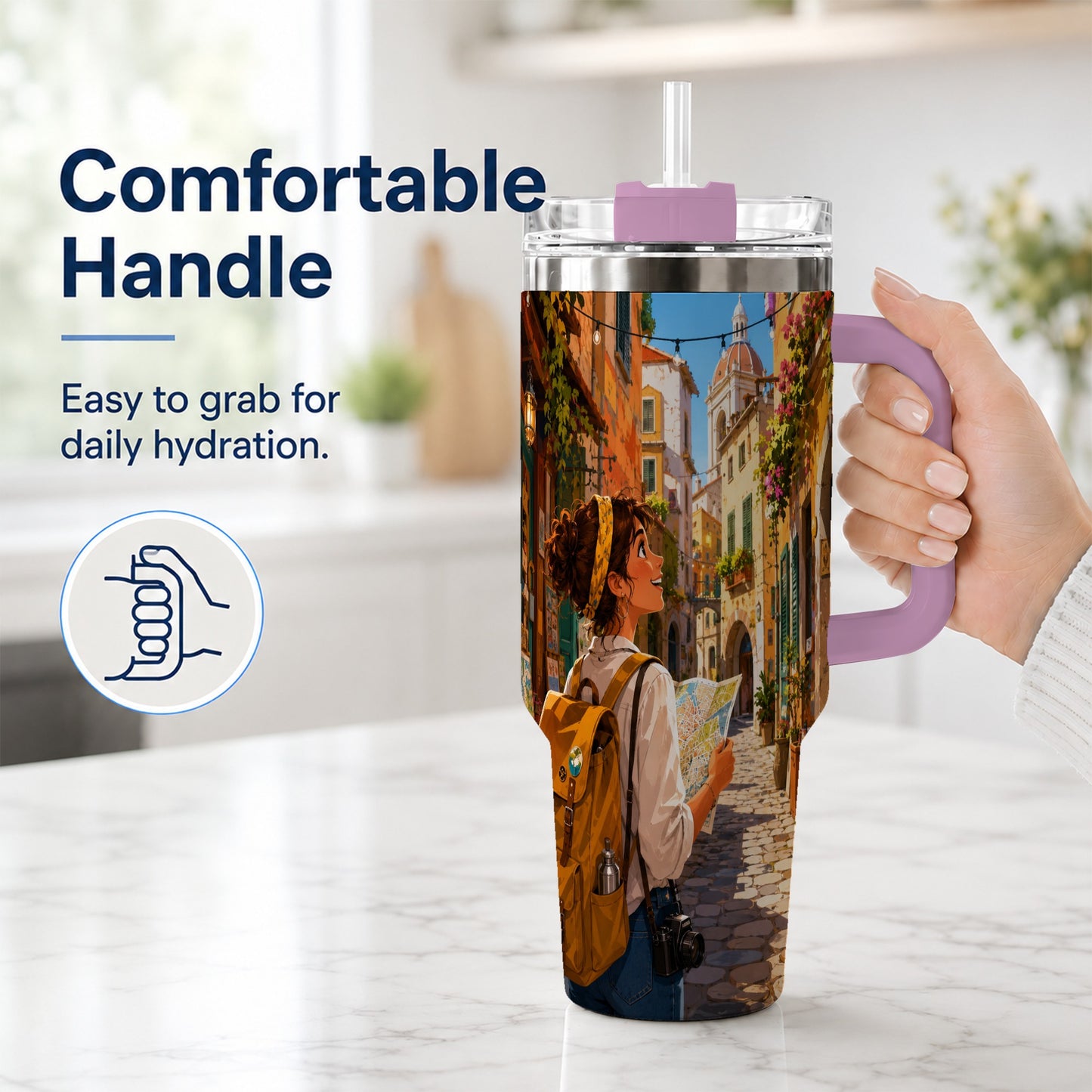#pl[40oz|Pink] City Traveler 40oz Tumbler with Handle, Colorful Old Town Adventure