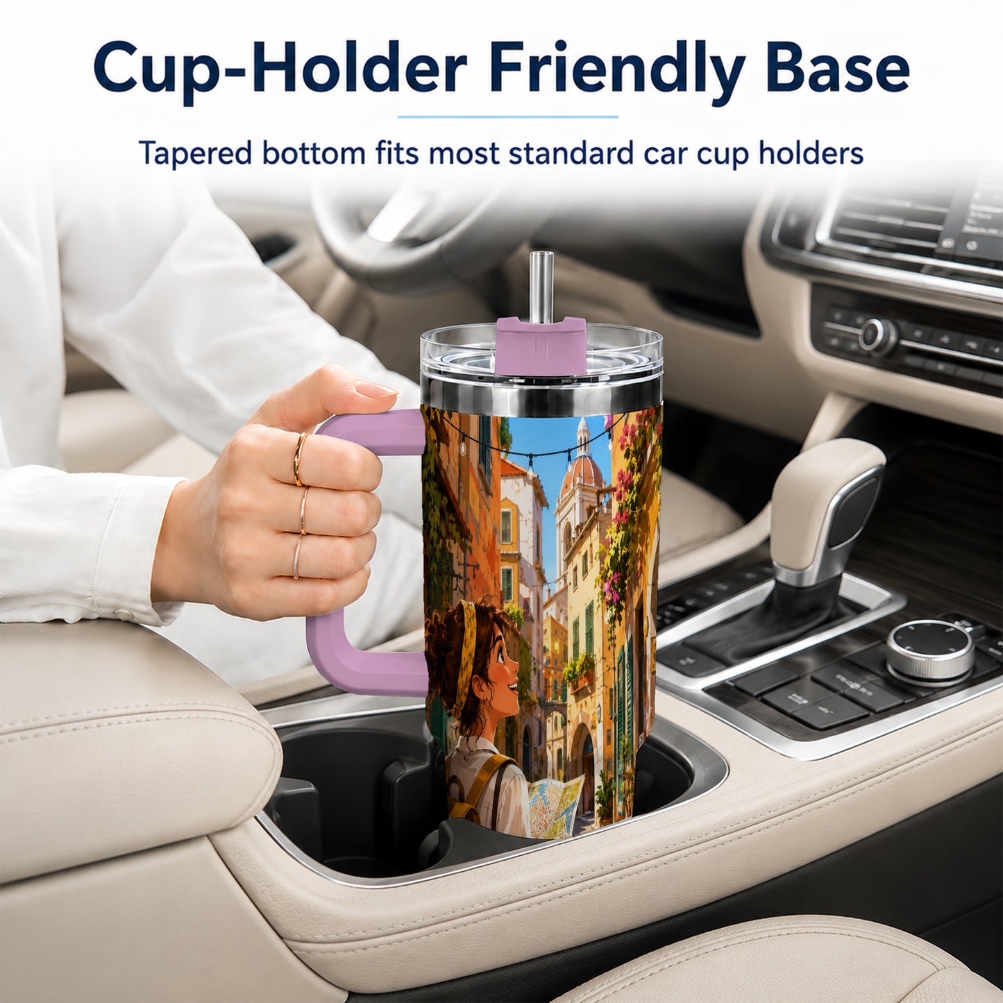 #pl[40oz|Pink] City Traveler 40oz Tumbler with Handle, Colorful Old Town Adventure