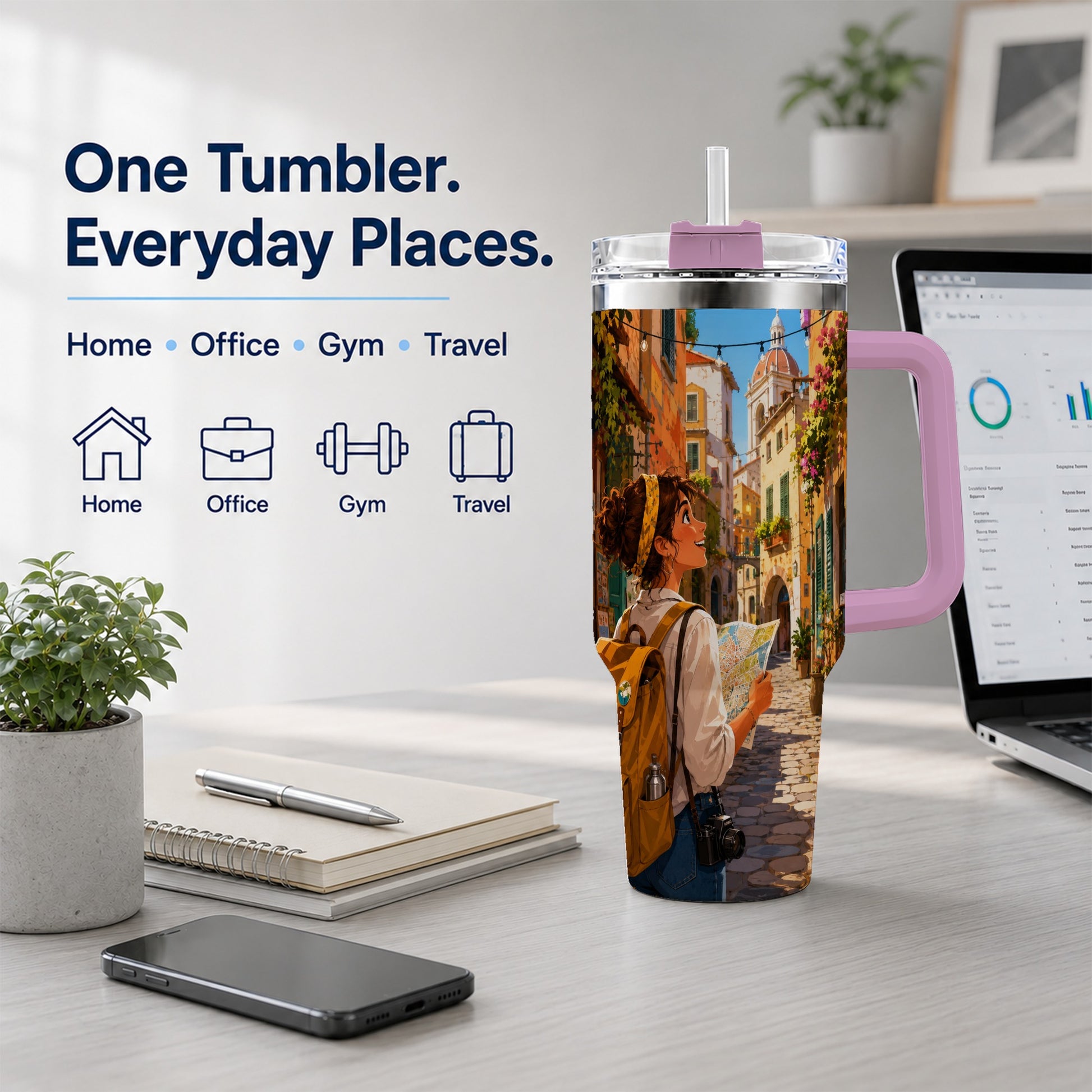 #pl[40oz|Pink] City Traveler 40oz Tumbler with Handle, Colorful Old Town Adventure