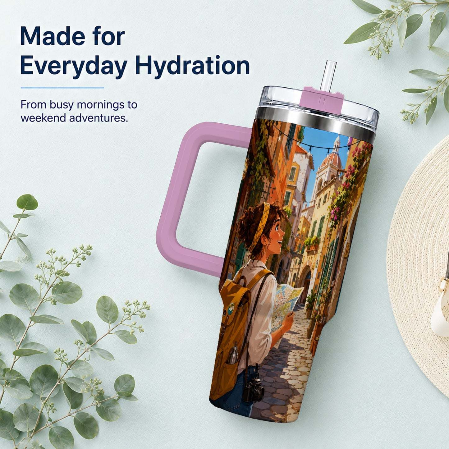 #pl[40oz|Pink] City Traveler 40oz Tumbler with Handle, Colorful Old Town Adventure