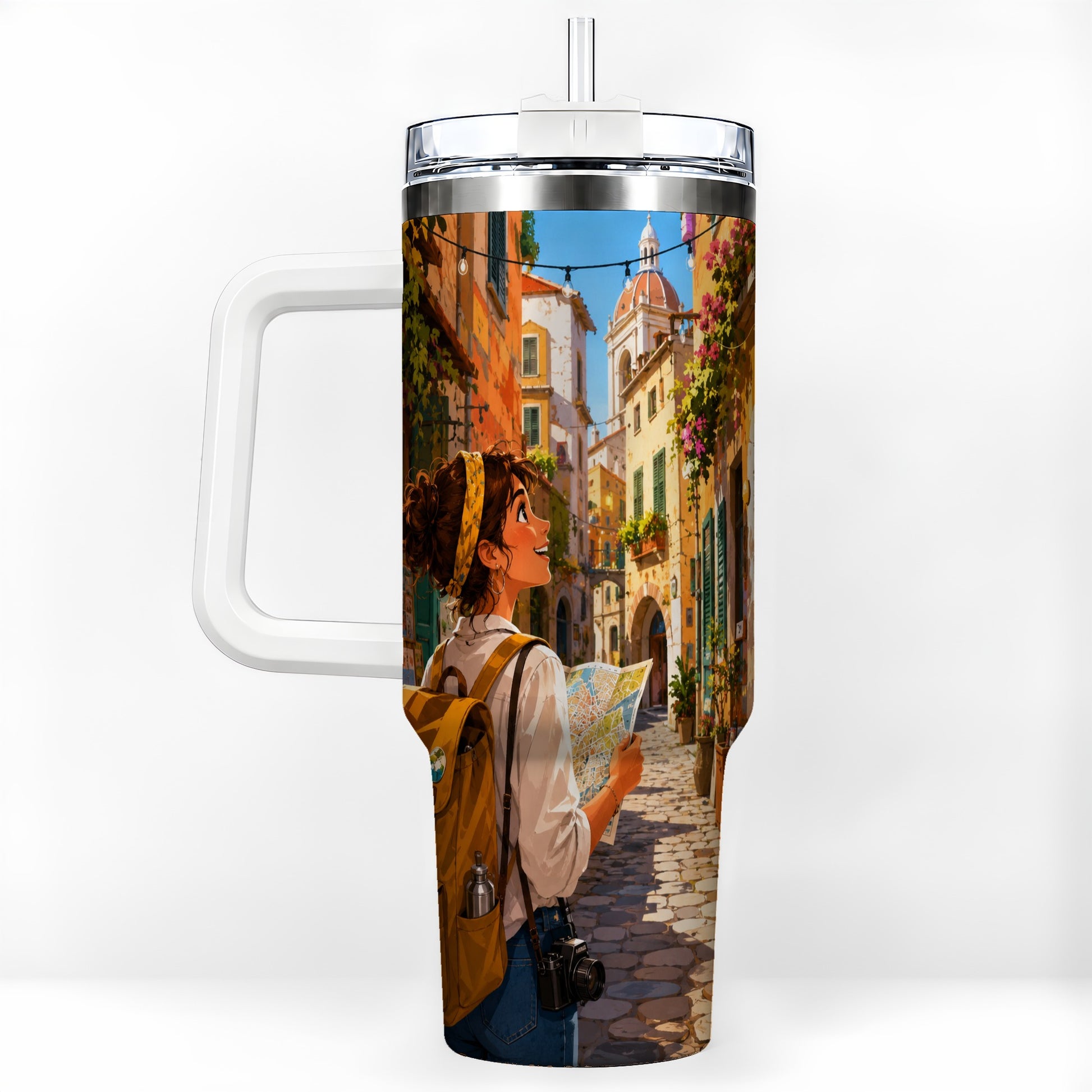 City Traveler 40oz Tumbler with Handle, Colorful Old Town Adventure