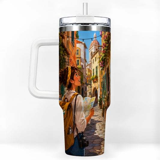 City Traveler 40oz Tumbler with Handle, Colorful Old Town Adventure