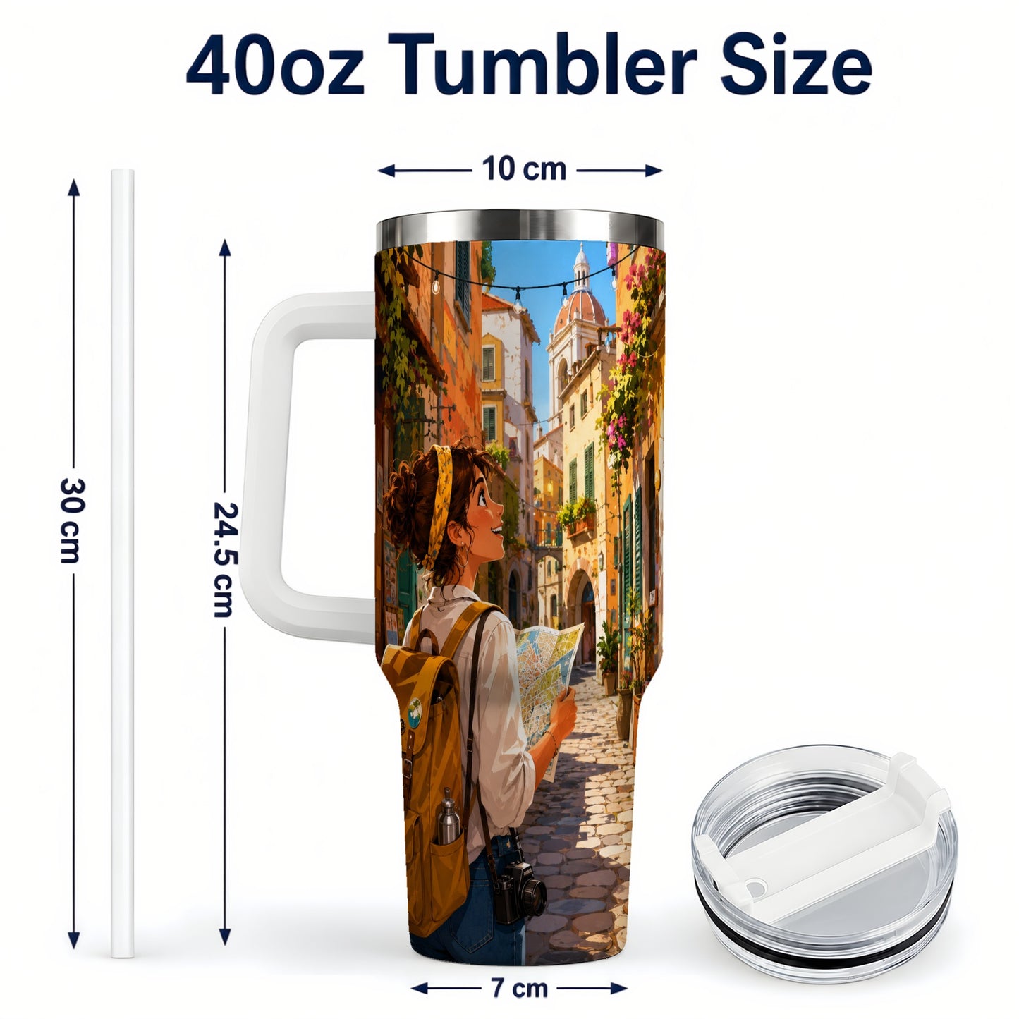 #pl[40oz|White] City Traveler 40oz Tumbler with Handle, Colorful Old Town Adventure