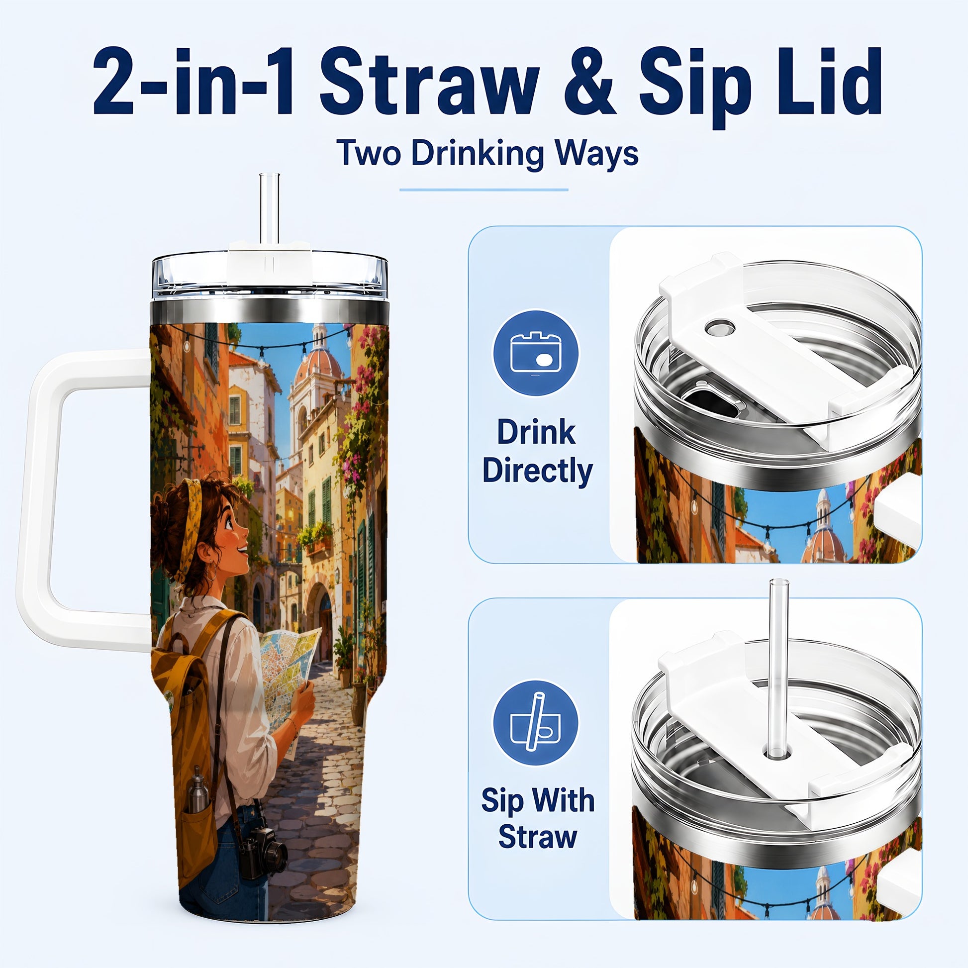 #pl[40oz|White] City Traveler 40oz Tumbler with Handle, Colorful Old Town Adventure
