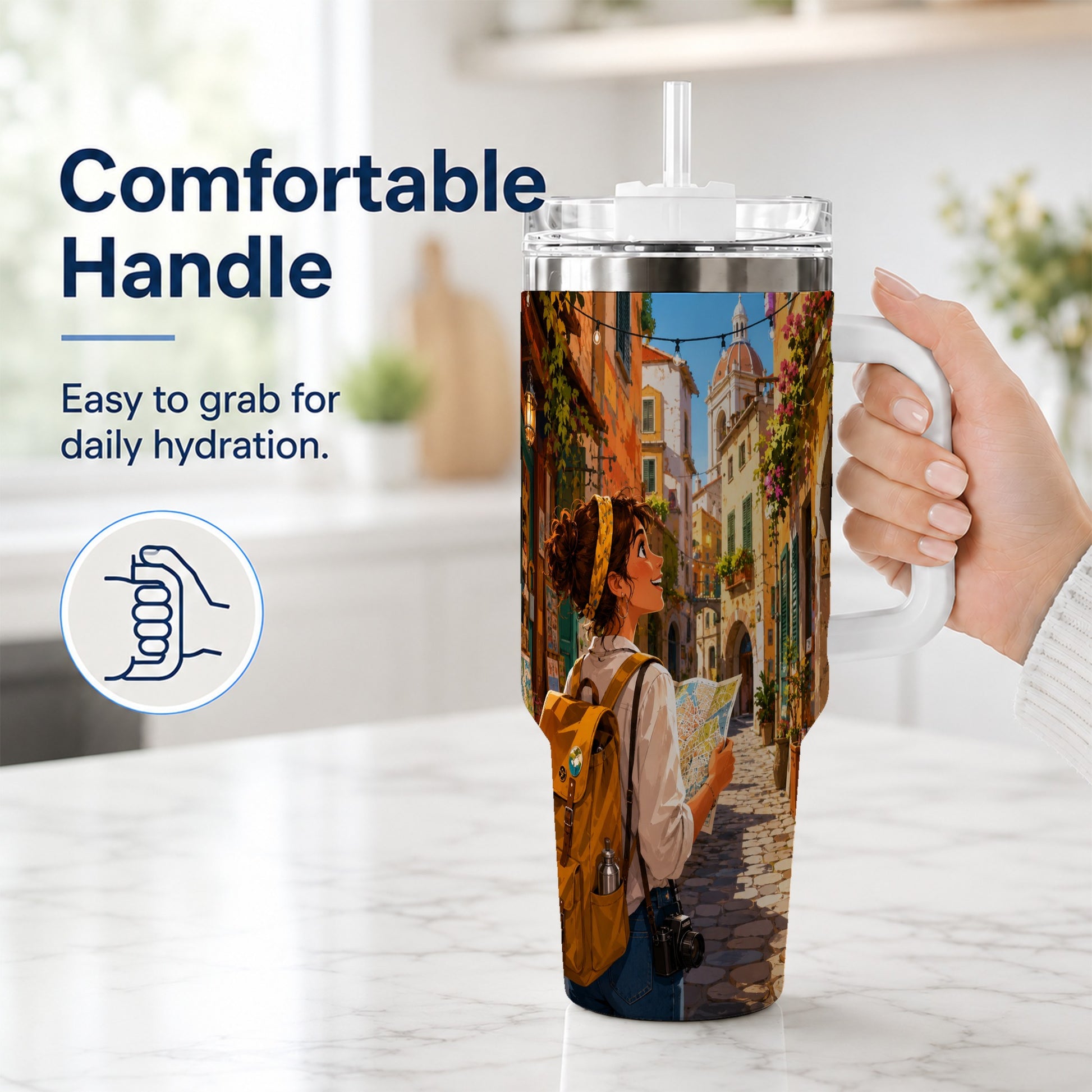 #pl[40oz|White] City Traveler 40oz Tumbler with Handle, Colorful Old Town Adventure
