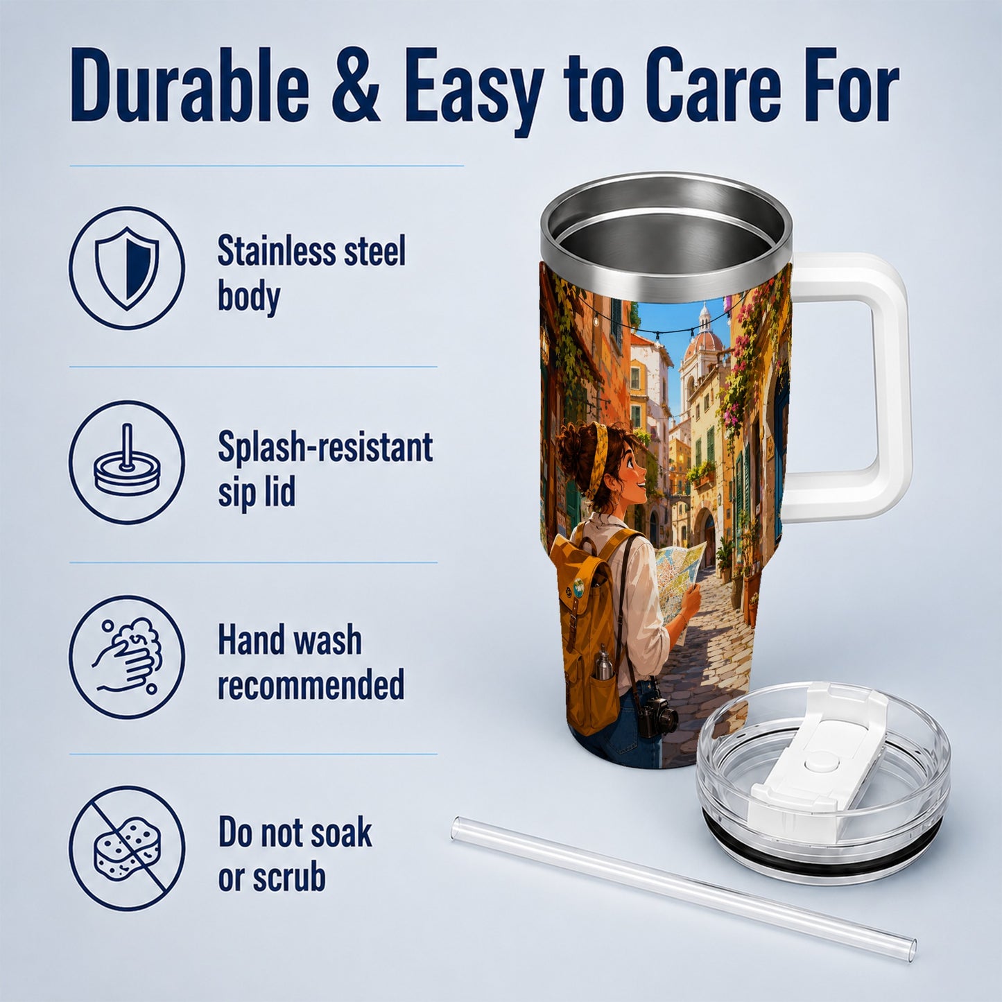 #pl[40oz|White] City Traveler 40oz Tumbler with Handle, Colorful Old Town Adventure
