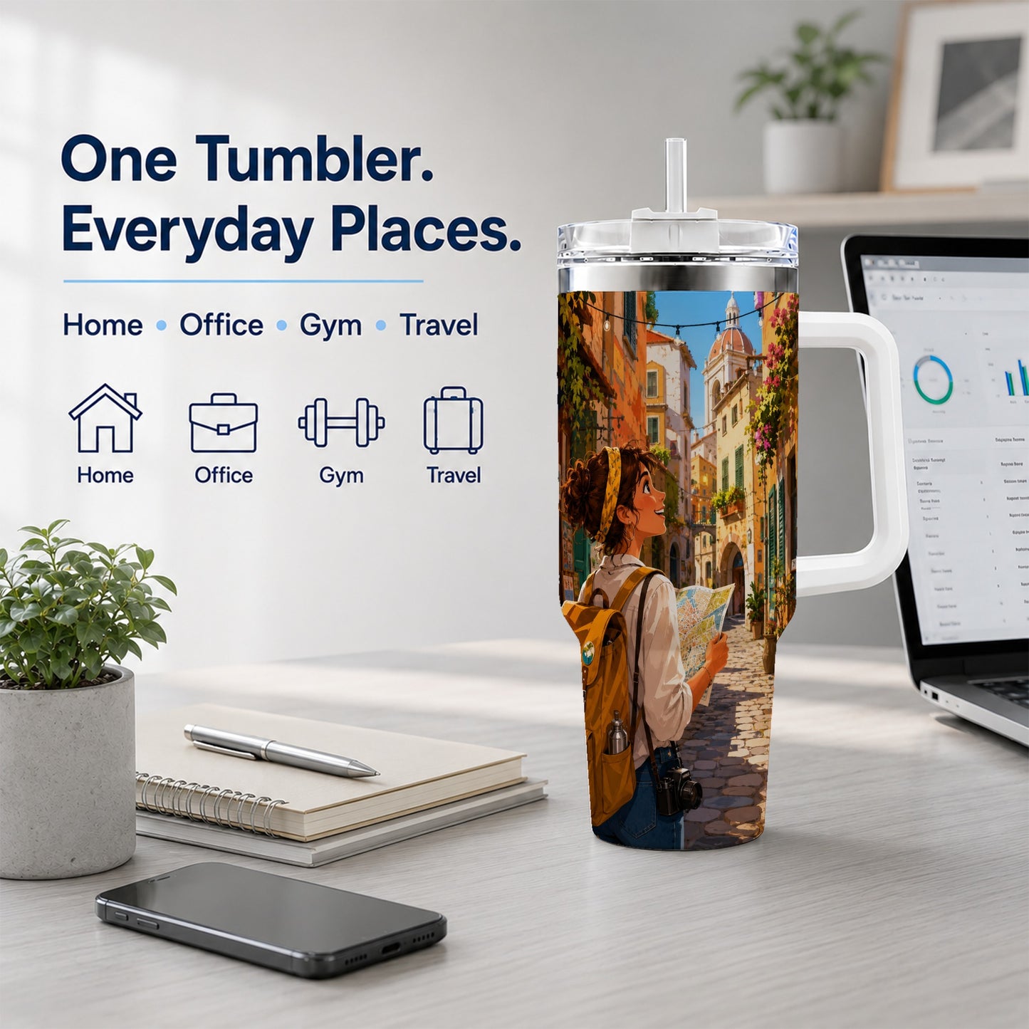 #pl[40oz|White] City Traveler 40oz Tumbler with Handle, Colorful Old Town Adventure